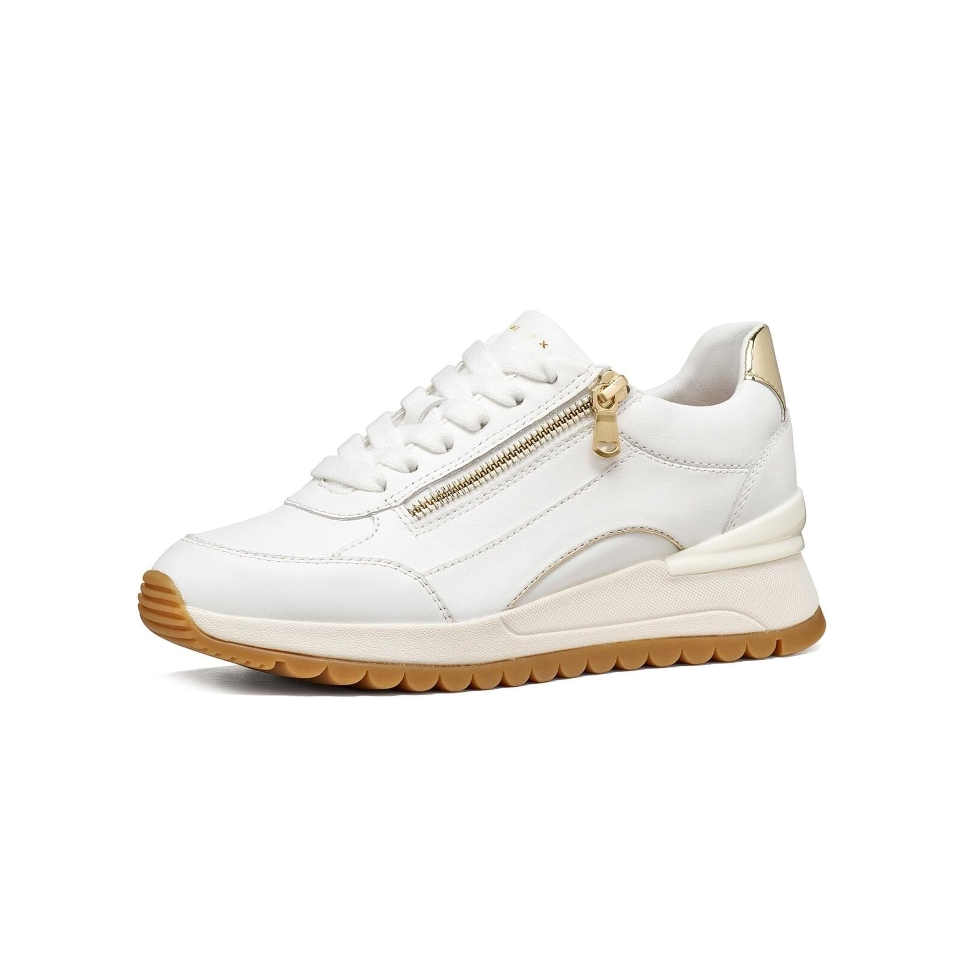 Geox Desya Sneakers leather in White/Light Gold, three-quarter view (SKU D6600A_085BN--C1327)