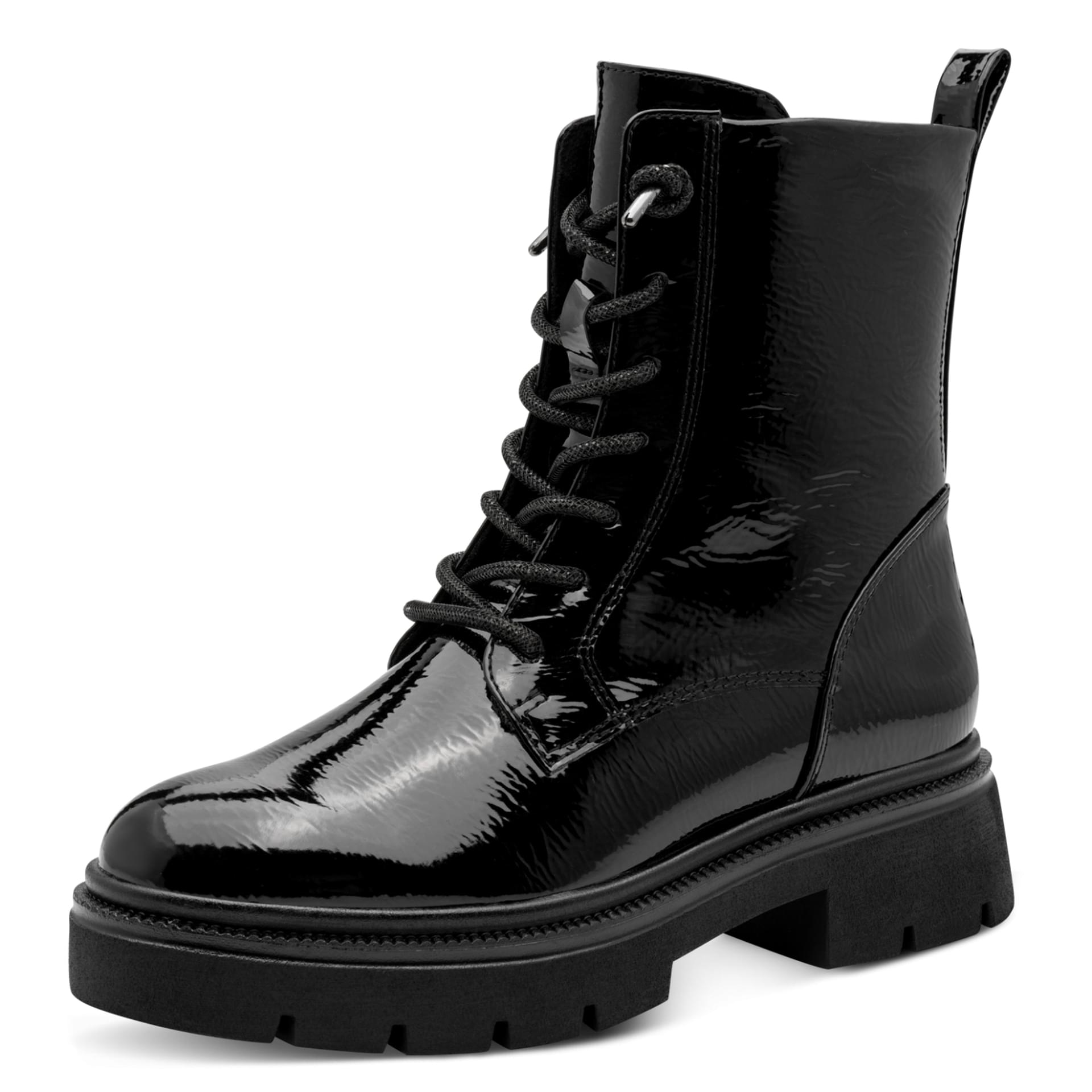 Marco Tozzi Bello Bottines in Black Patent, vue trois-quarts (SKU 2-25219-45--018)