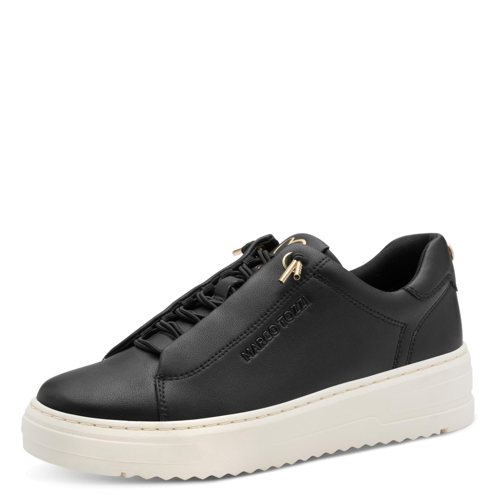 Marco Tozzi Vinova Sneakers in Black/Gold, vue trois-quarts (SKU 2-23724-44--085)