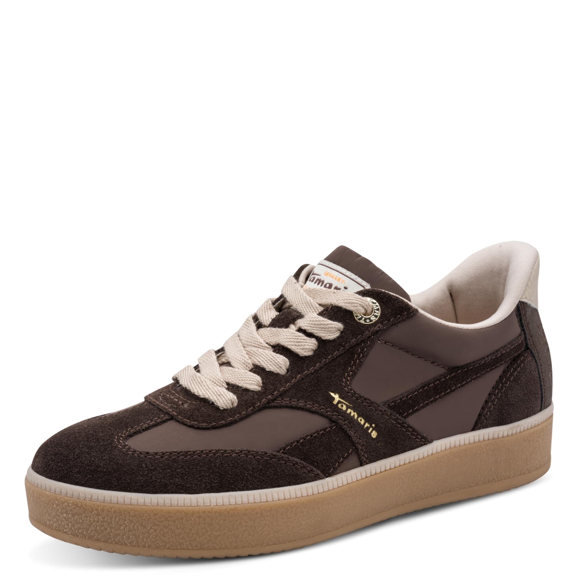 Tamaris Comfort Anne Sneakers leer in Mocca, driekwartaanzicht (SKU 8-83708-47--304)