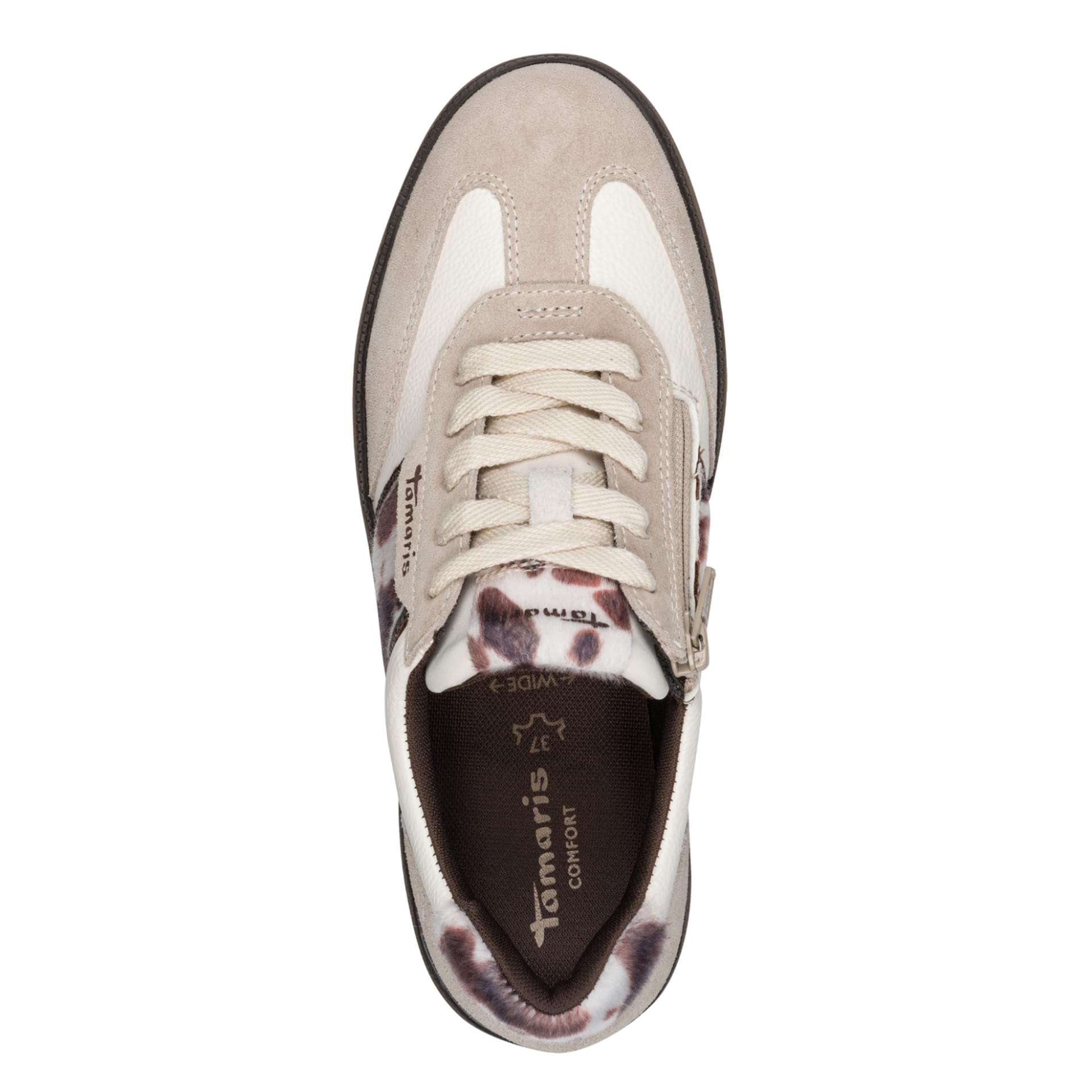 Tamaris Comfort Anne Sneakers in Offwhite/Cow, top view (SKU 8-83709-47--135)