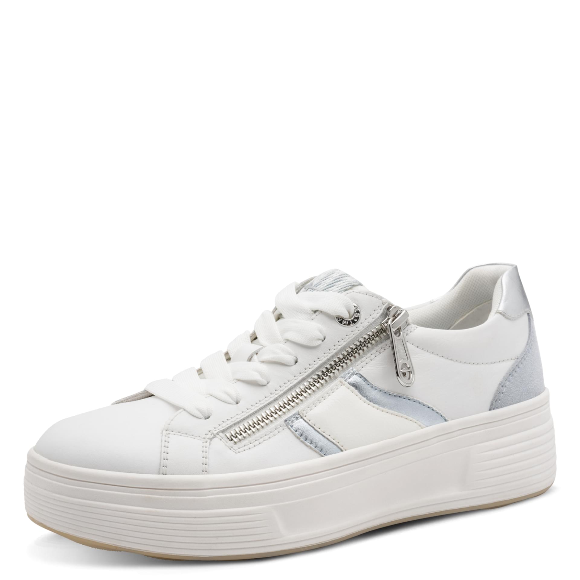 Tamaris Comfort Ava Sneakers in White/Blue, three-quarter view (SKU 8-83716-44--111)
