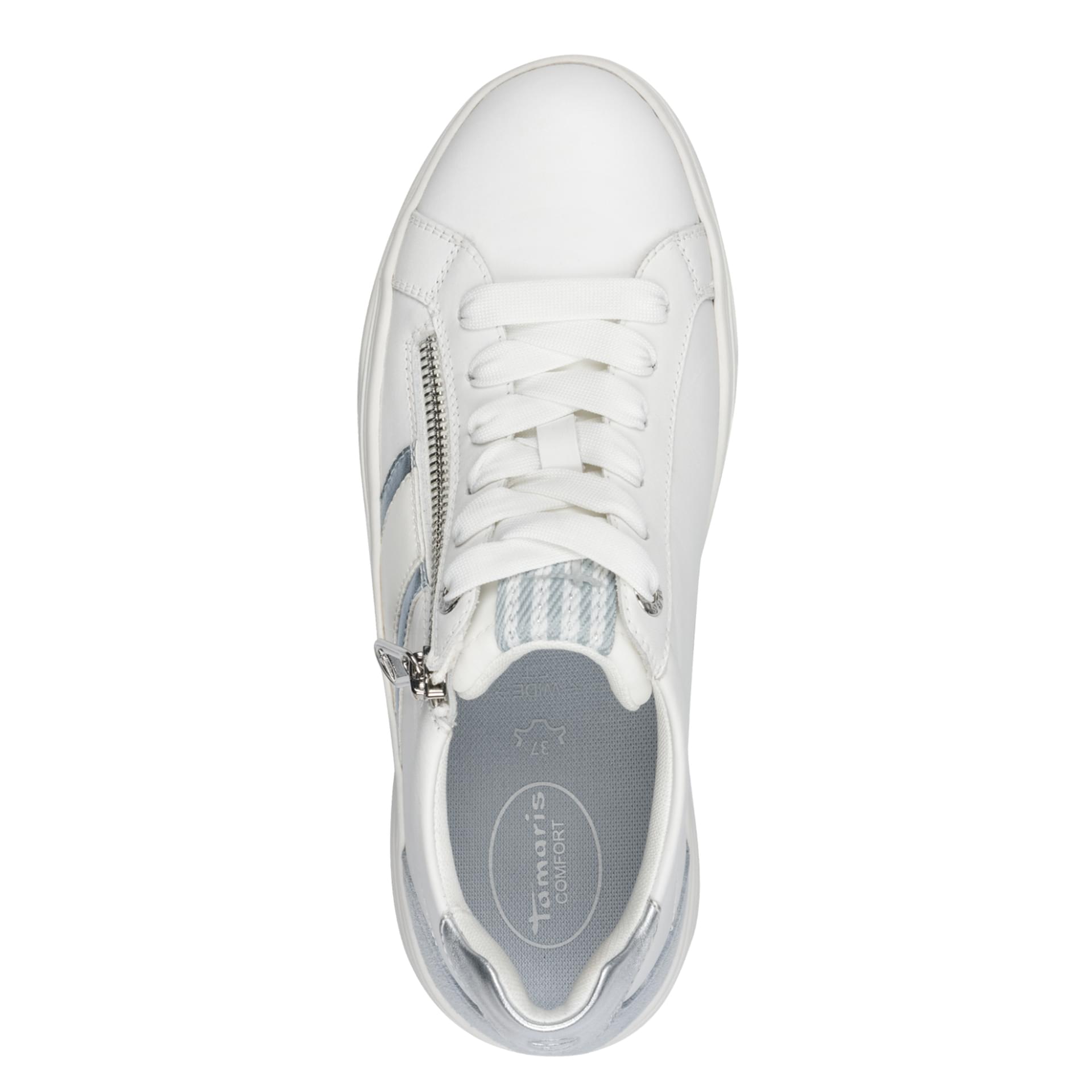 Tamaris Comfort Ava Sneakers in White/Blue, top view (SKU 8-83716-44--111)