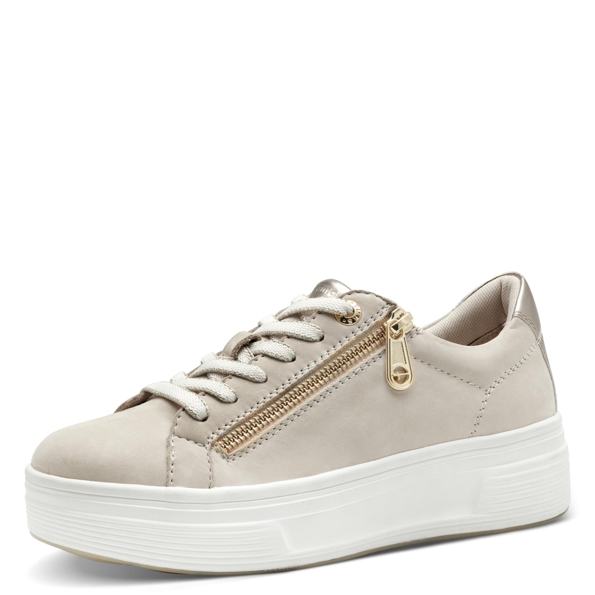 Tamaris Comfort Ava Sneakers in Beige Nubuk, three-quarter view (SKU 8-83726-44--403)