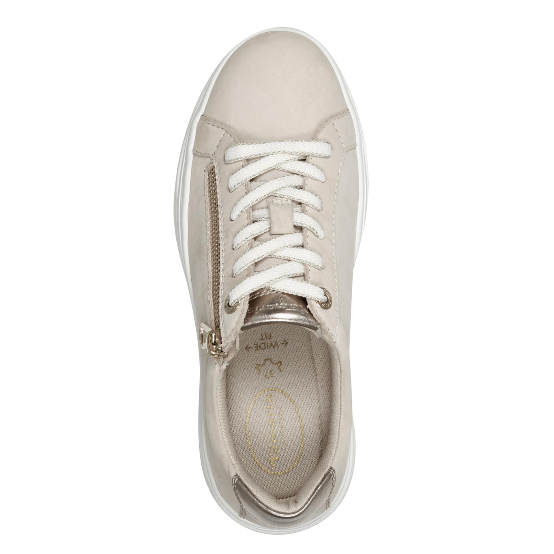 Tamaris Comfort Ava Sneakers in Beige Nubuk, top view (SKU 8-83726-44--403)