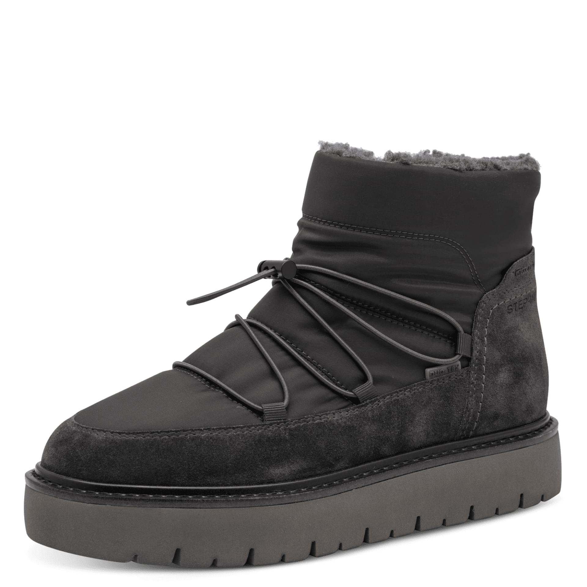 Tamaris Comfort Belly Ankle Boots in Anthracite, three-quarter view (SKU 8-86204-47--215)