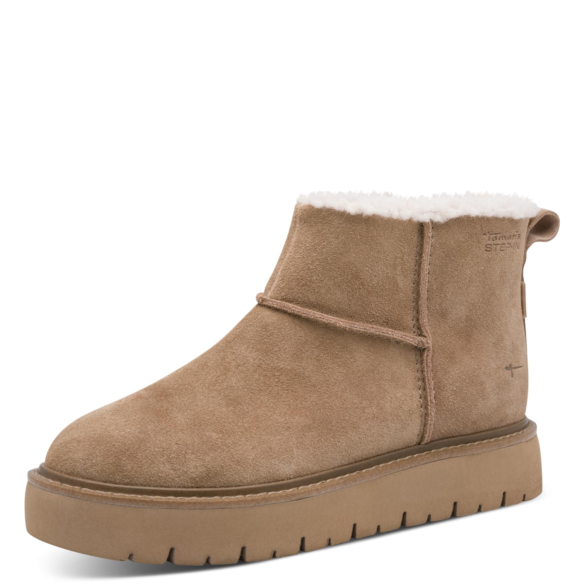 Tamaris Comfort Belly Enkellaarsjes leer in Camel, driekwartaanzicht (SKU 8-86410-47--310)