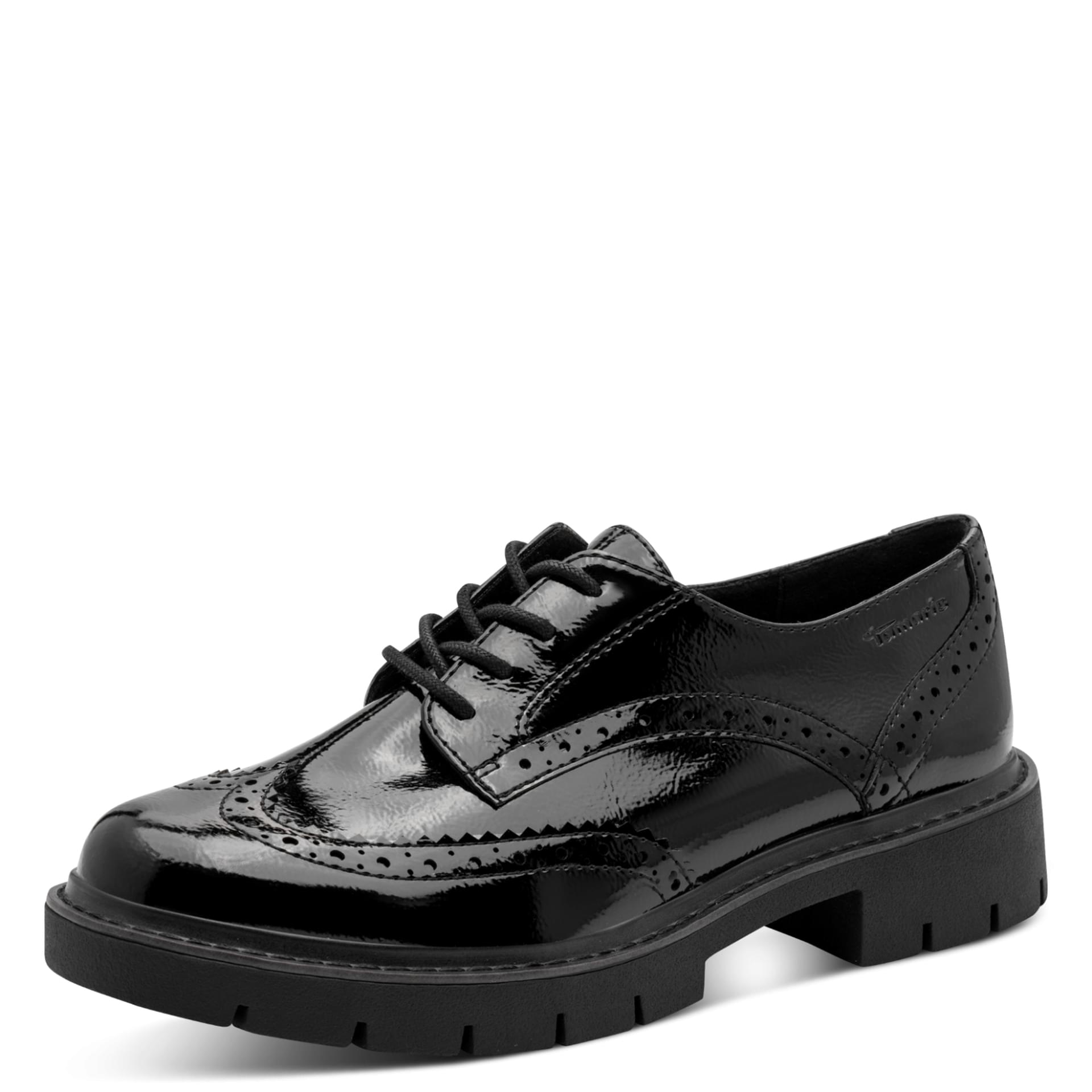 Tamaris Comfort Buta Derbies in Black Patent, vue trois-quarts (SKU 8-83711-47--018)