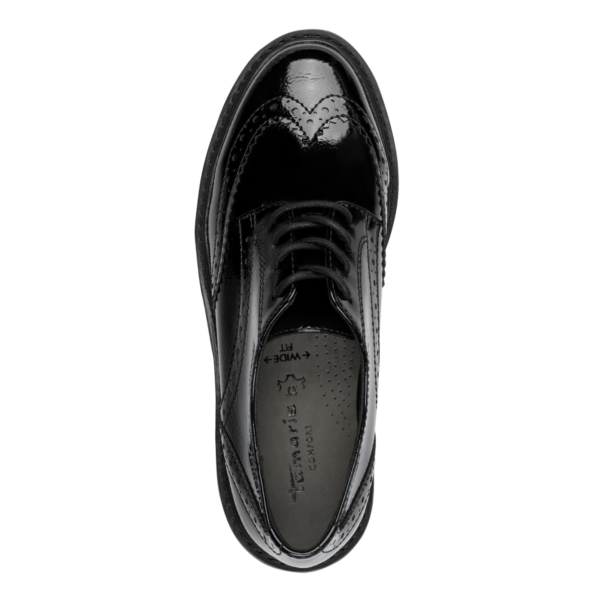 Tamaris Comfort Buta Derbies in Black Patent, vue de dessus (SKU 8-83711-47--018)