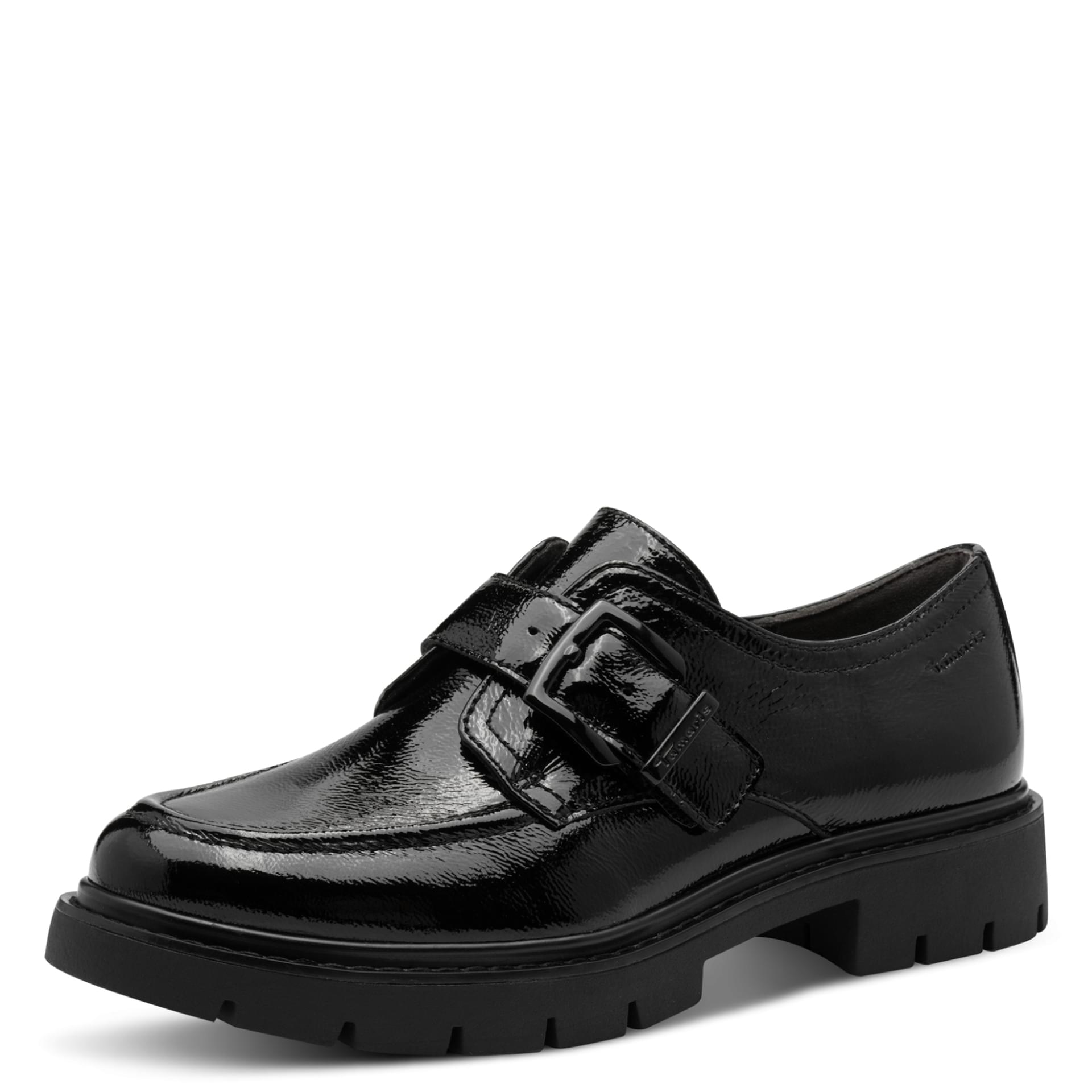 Tamaris Comfort Buta Slippers in Black Patent, three-quarter view (SKU 8-84316-45--018)