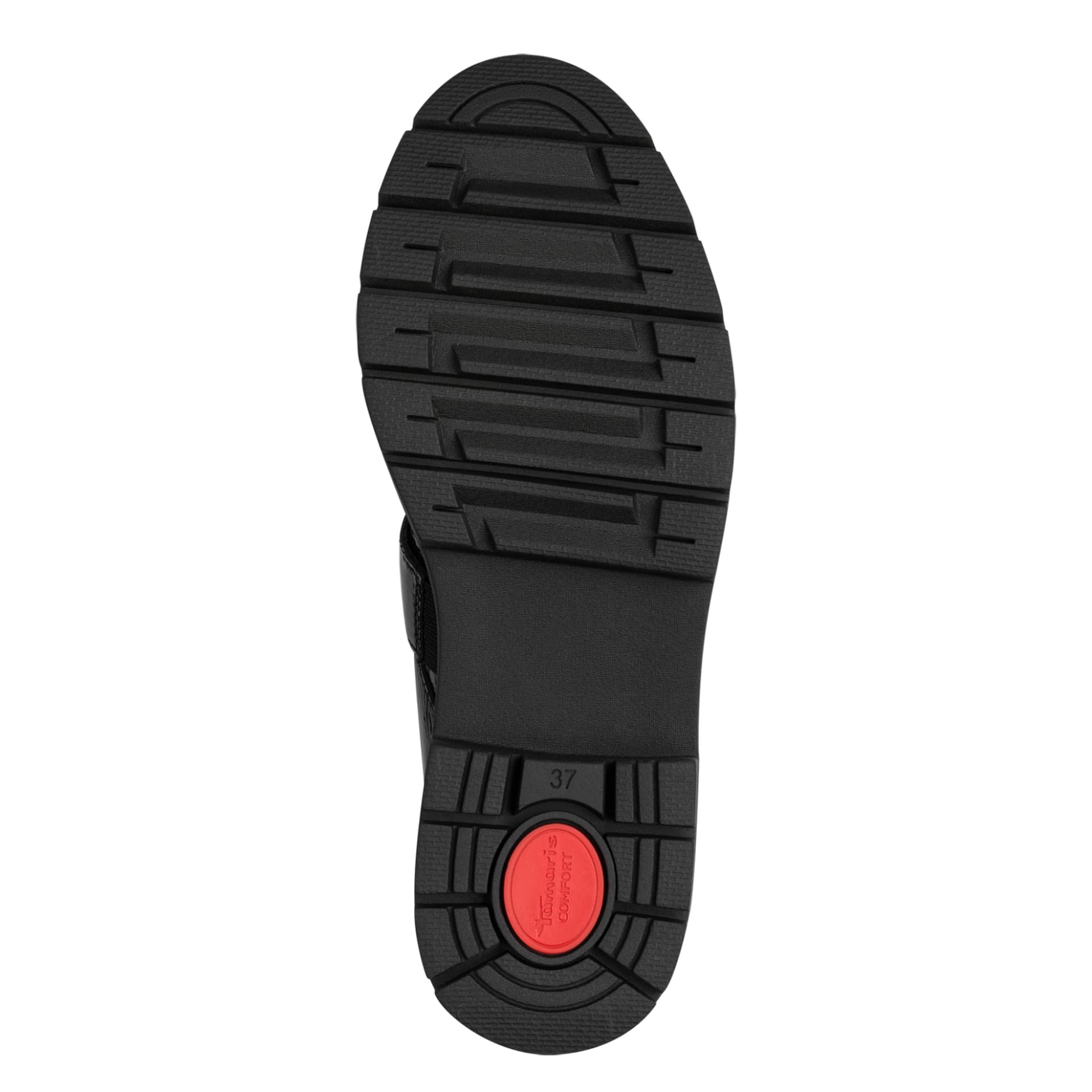 Tamaris Comfort Buta Slippers in Black Patent, sole (SKU 8-84316-45--018)