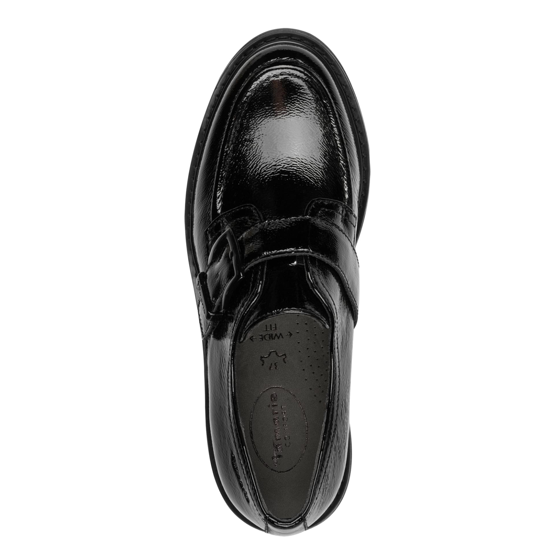 Tamaris Comfort Buta Slippers in Black Patent, top view (SKU 8-84316-45--018)