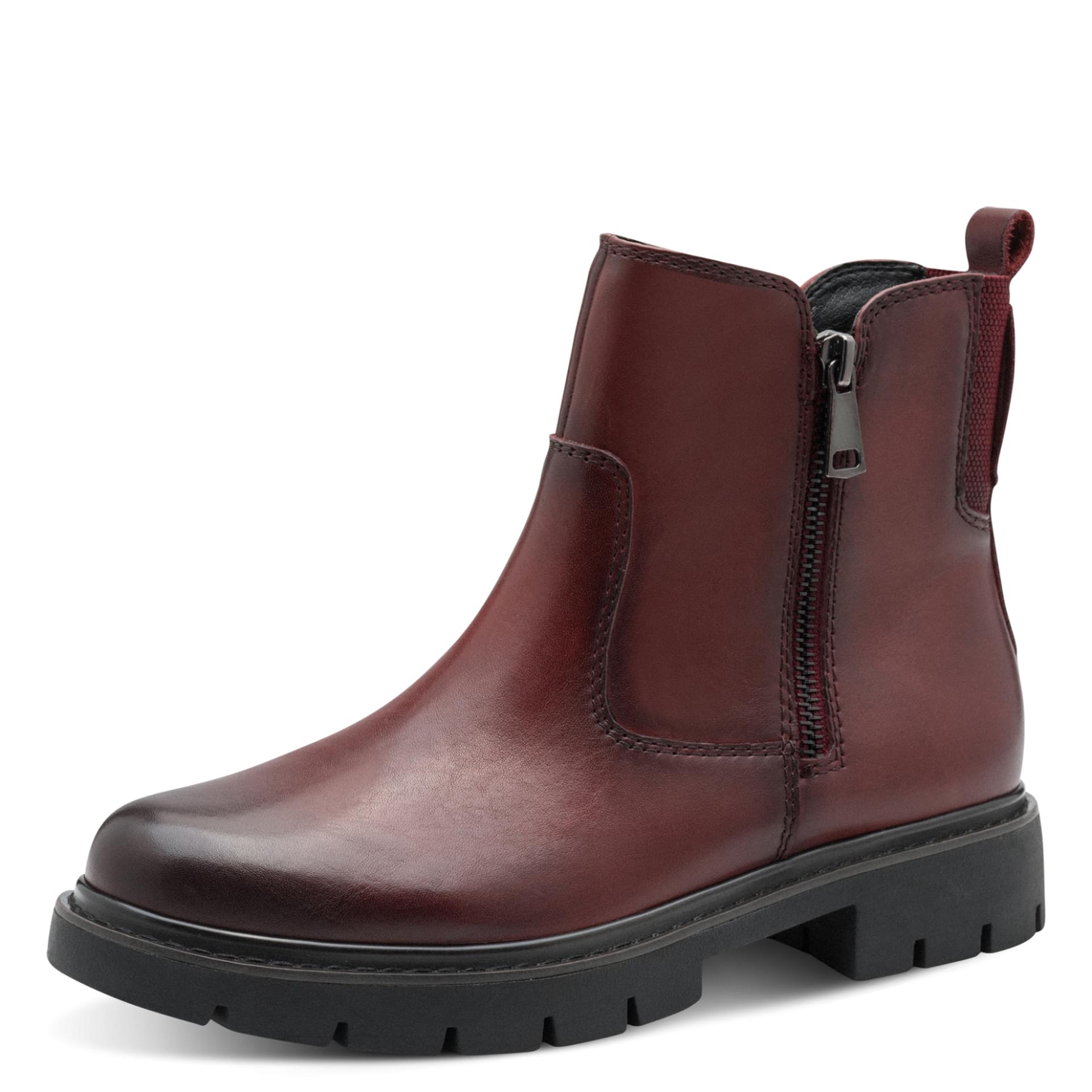 Tamaris Comfort Buta Ankle Boots in Bordeaux, three-quarter view (SKU 8-85406-45--549)