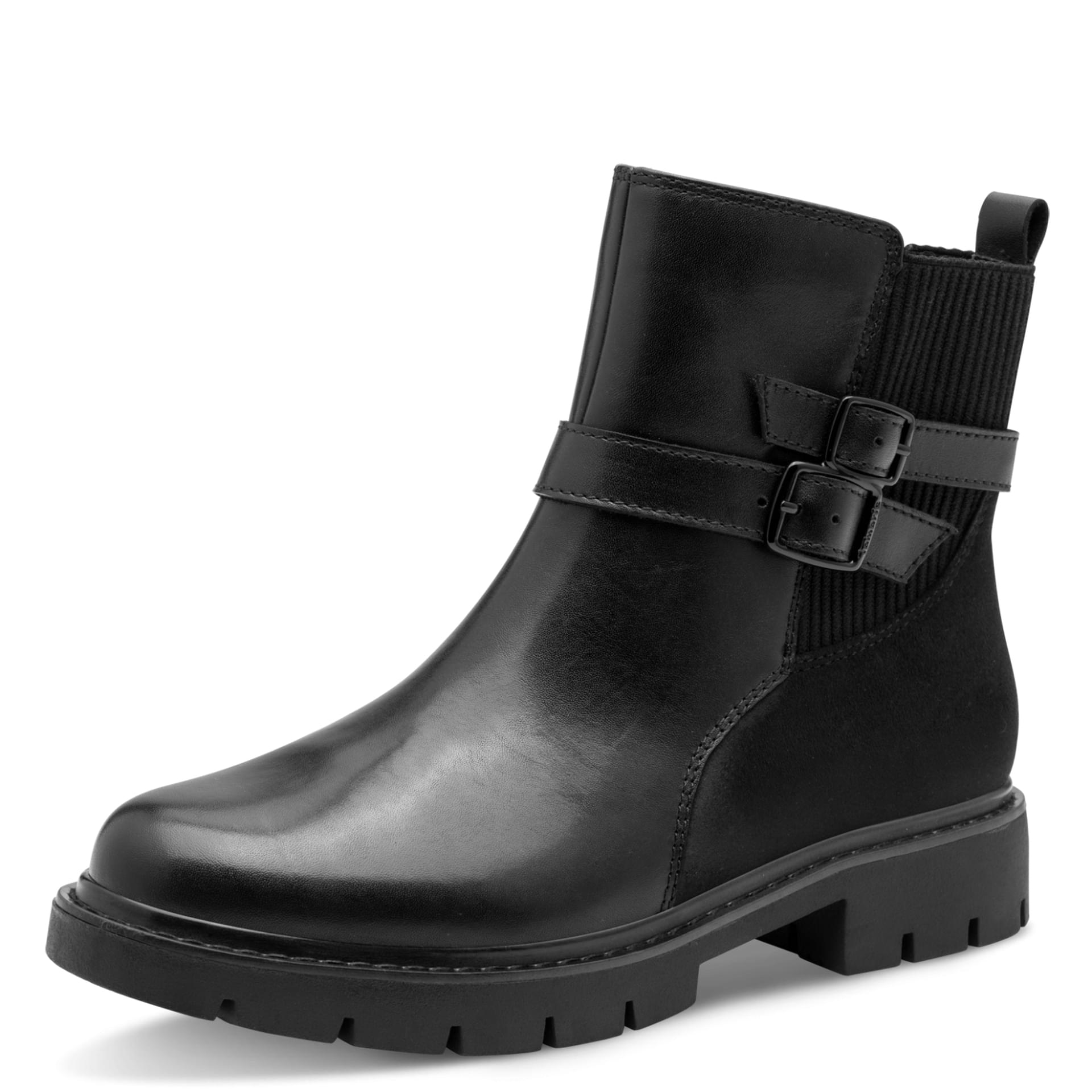 Tamaris Comfort Buta Ankle Boots in Black, three-quarter view (SKU 8-85407-45--001)