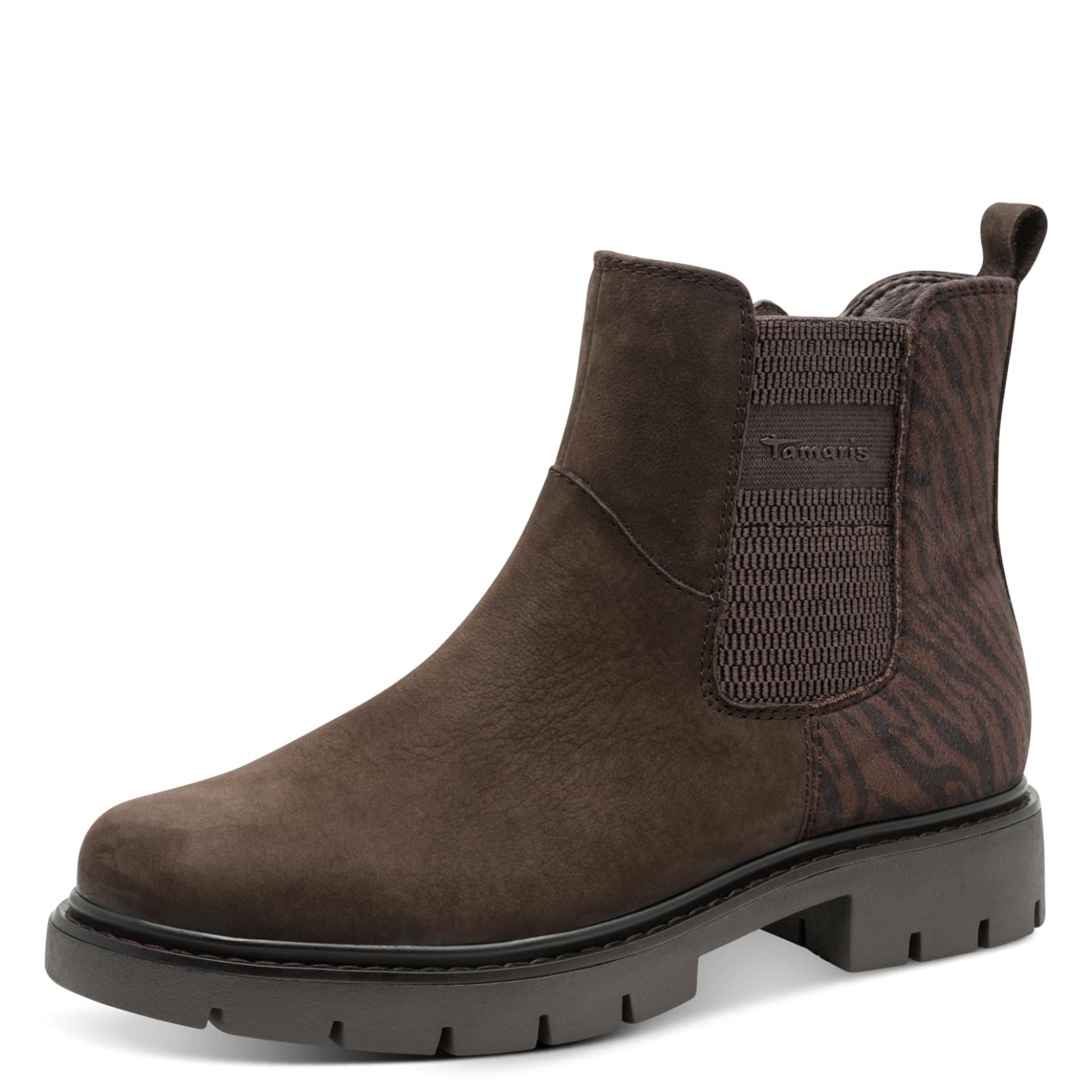 Tamaris Comfort Buta Chelsea Boots in Mocca Comb, vue trois-quarts (SKU 8-85421-45--394)