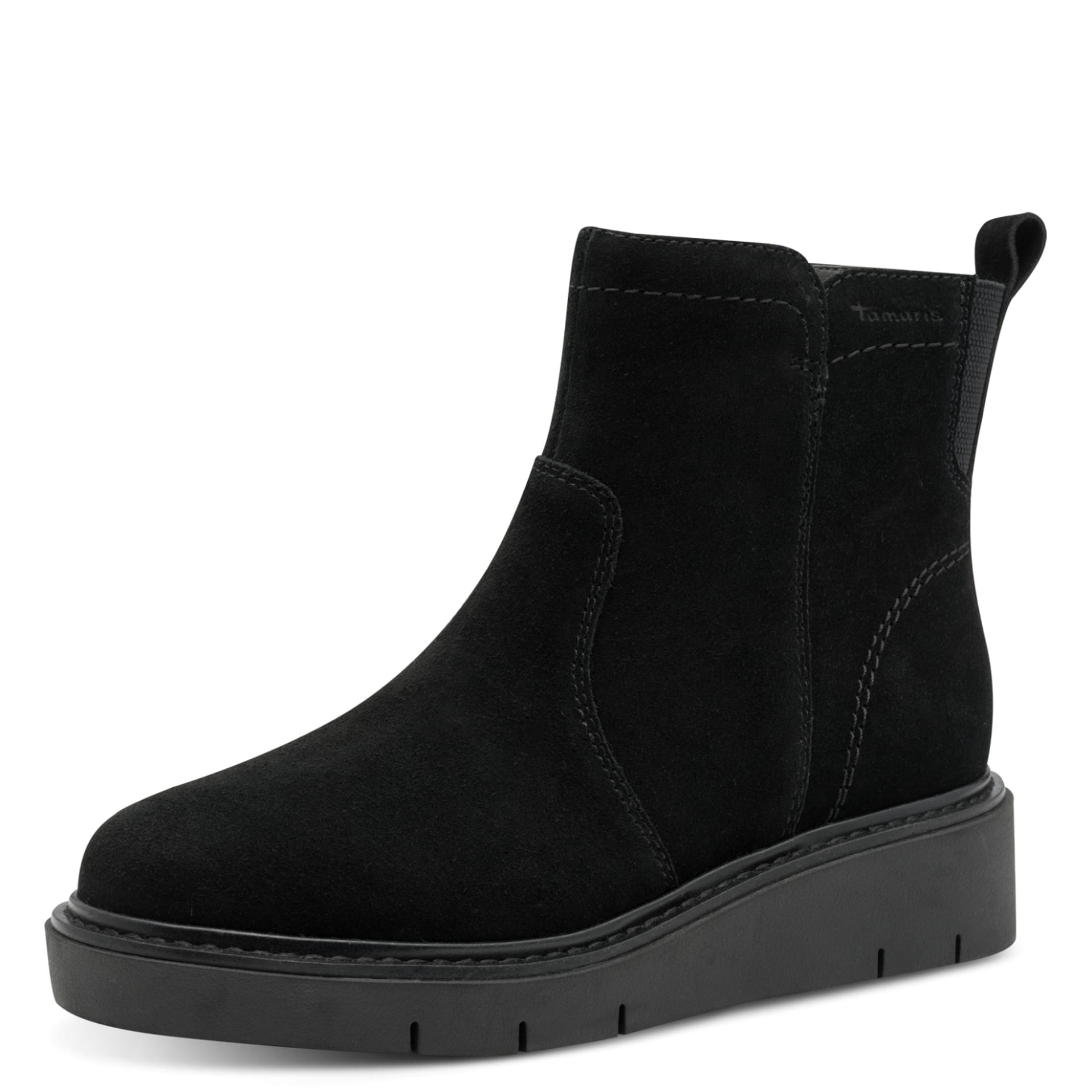 Tamaris Comfort Cora Bottines in Black Suede, vue trois-quarts (SKU 8-85408-45--019)