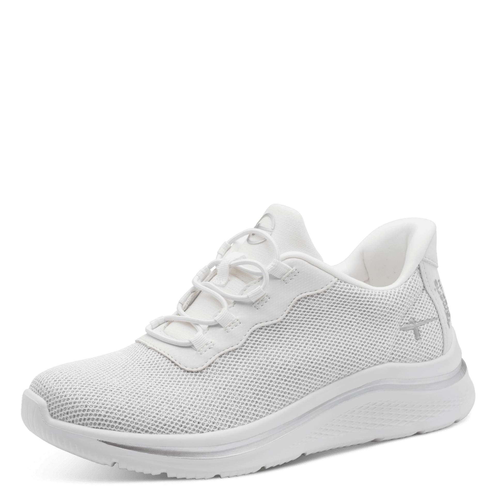 Tamaris Comfort Daisy Sneakers in White/Silver, three-quarter view (SKU 8-83726-45--191)