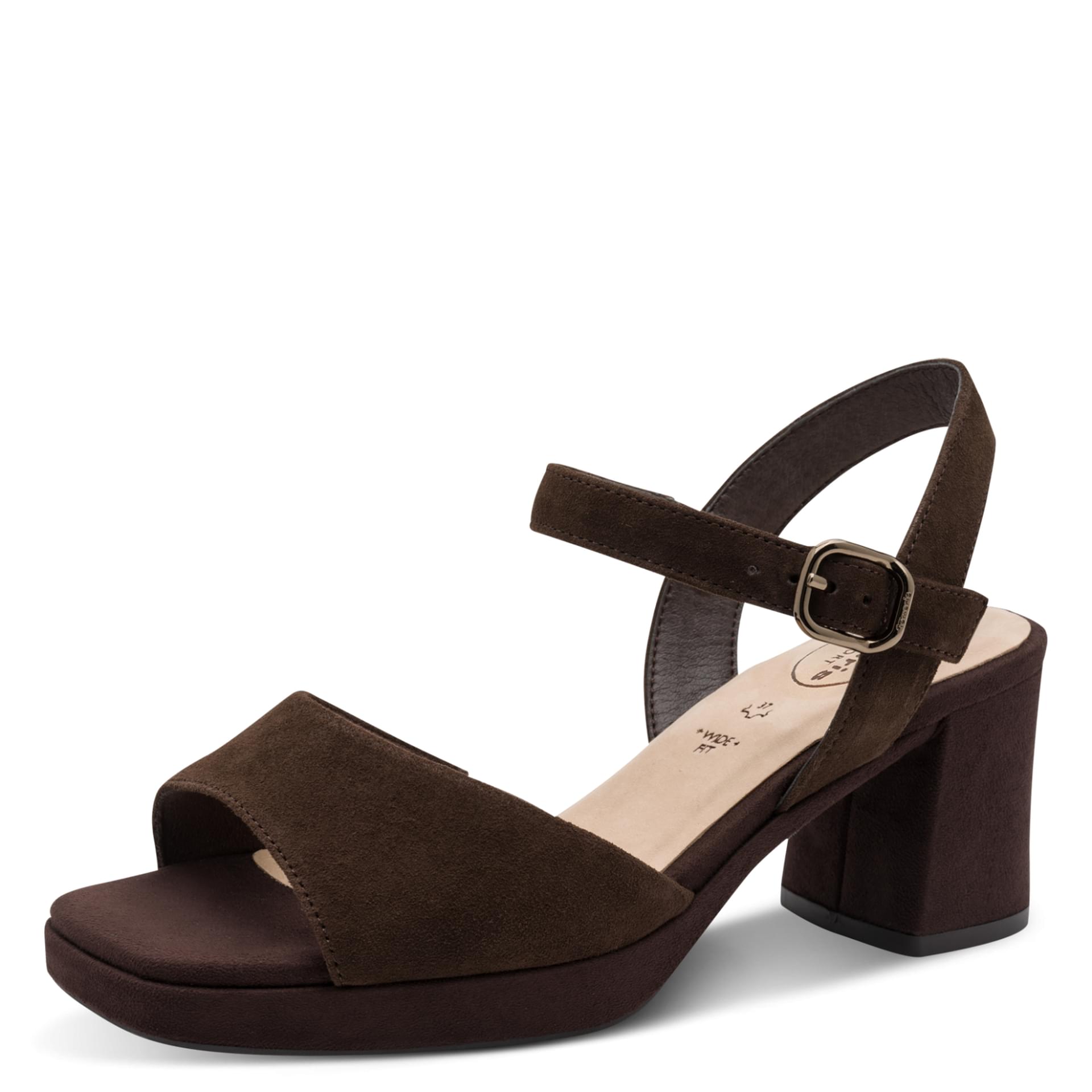 Tamaris Comfort Eiga Sandales in Mocca Suede, vue trois-quarts (SKU 8-88309-42--307)