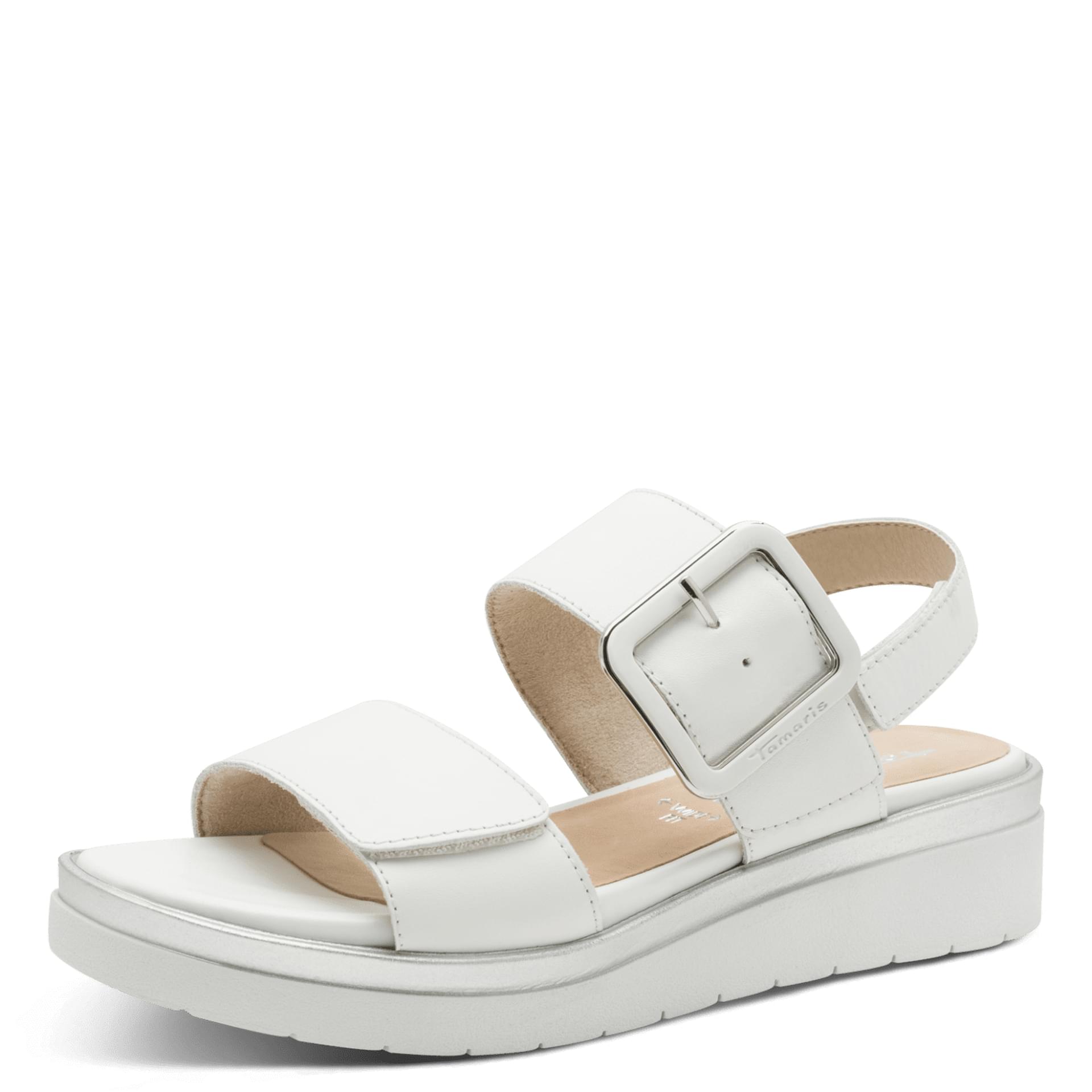 Tamaris Comfort Ella Sandales in White/Silver, vue trois-quarts (SKU 8-88706-42--191)