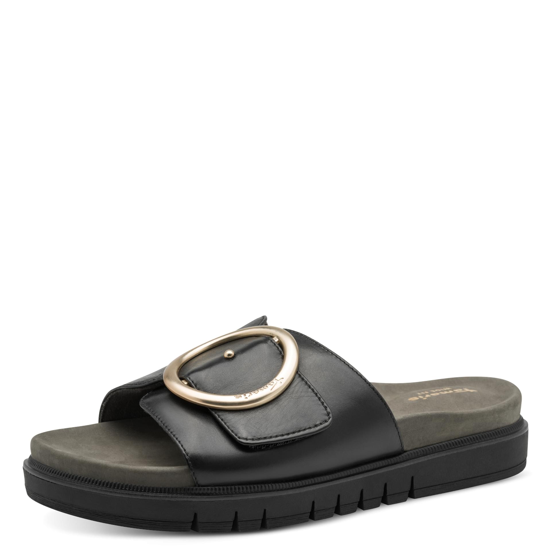 Tamaris Comfort Gafu Loafers in Black Nappa, three-quarter view (SKU 8-87106-42--022)