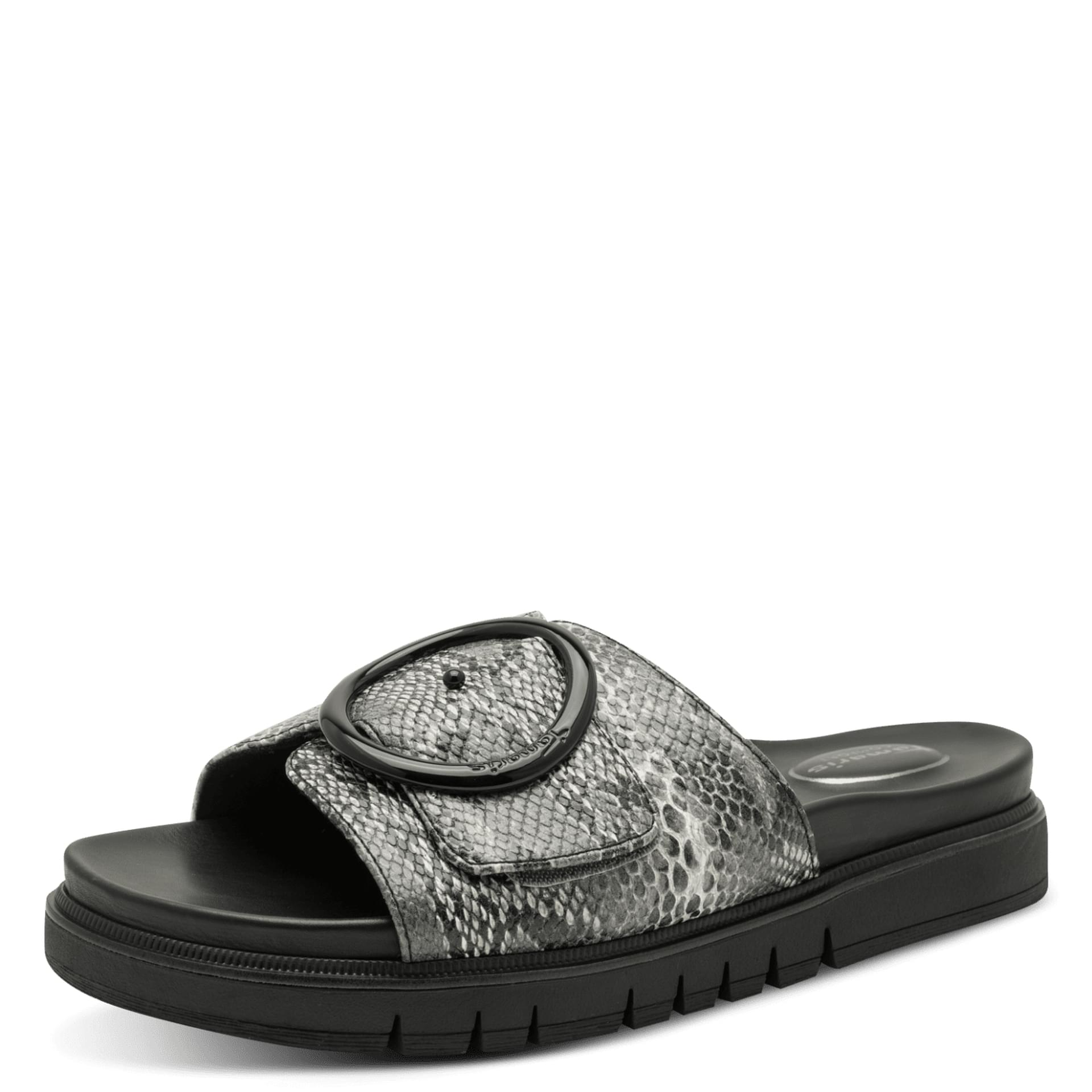 Tamaris Comfort Gafu Mules cuir in Black Snake, vue trois-quarts (SKU 8-87106-42--055)