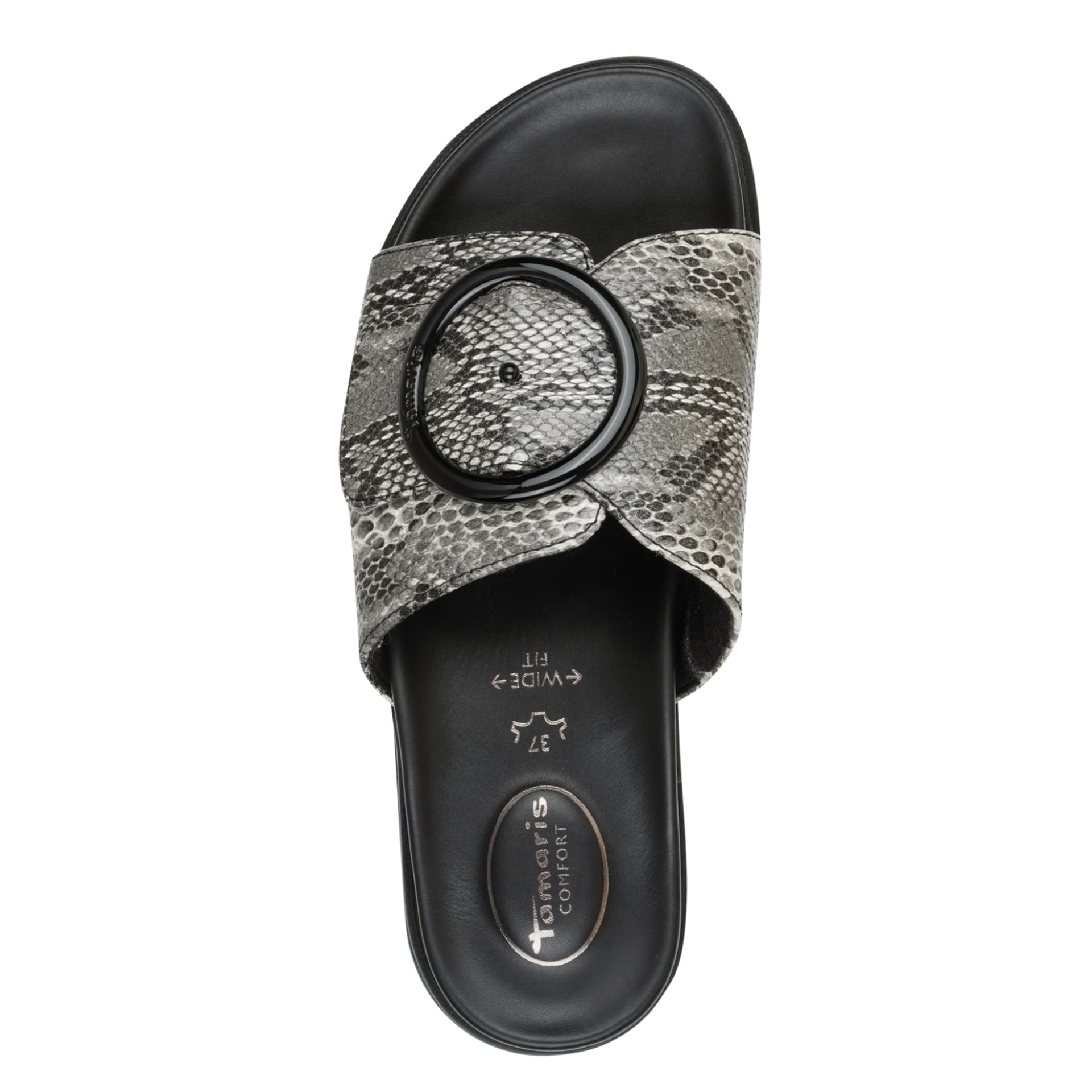 Tamaris Comfort Gafu Mules cuir in Black Snake, vue de dessus (SKU 8-87106-42--055)