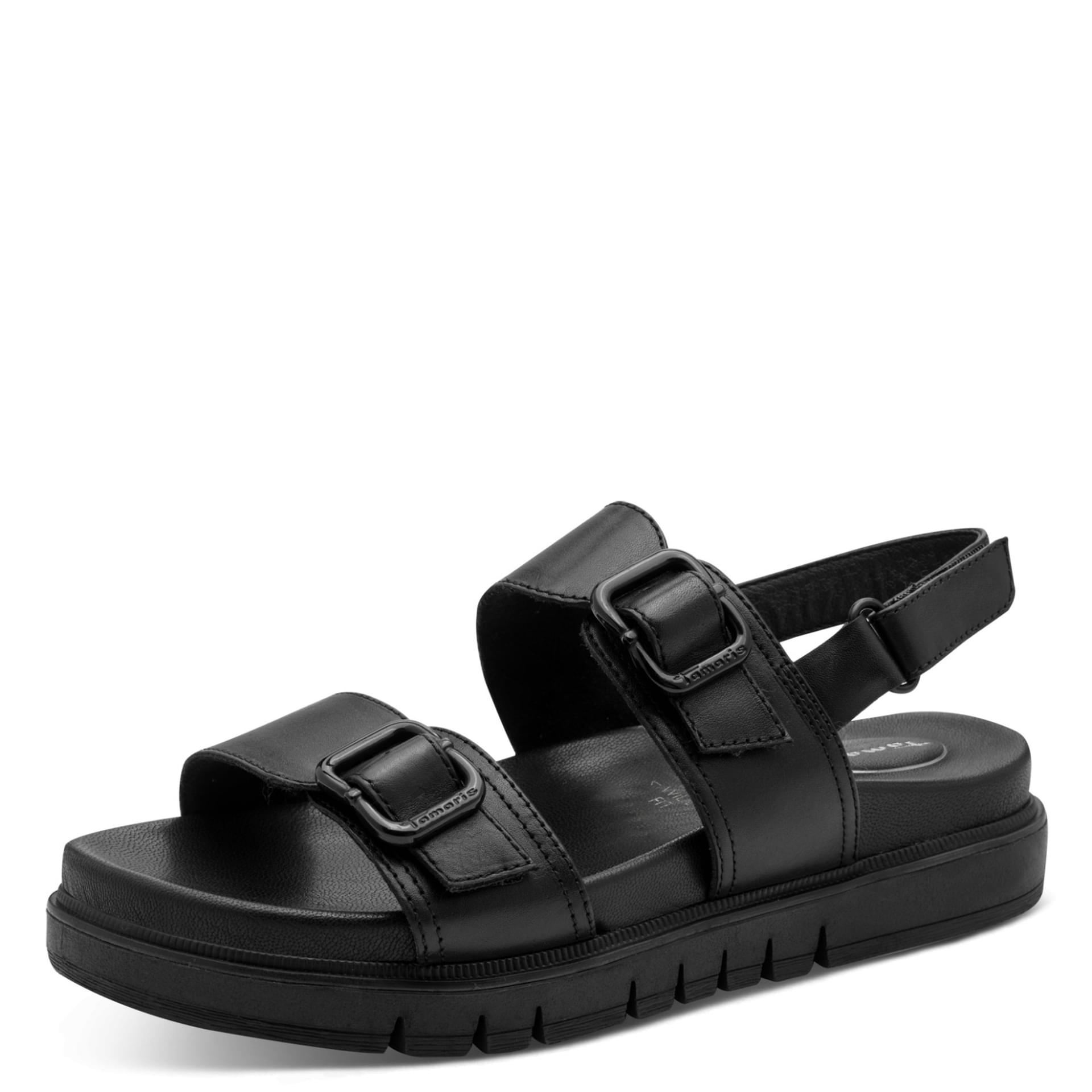 Tamaris Comfort Gafu Sandals in Black Nappa, three-quarter view (SKU 8-88604-46--022)