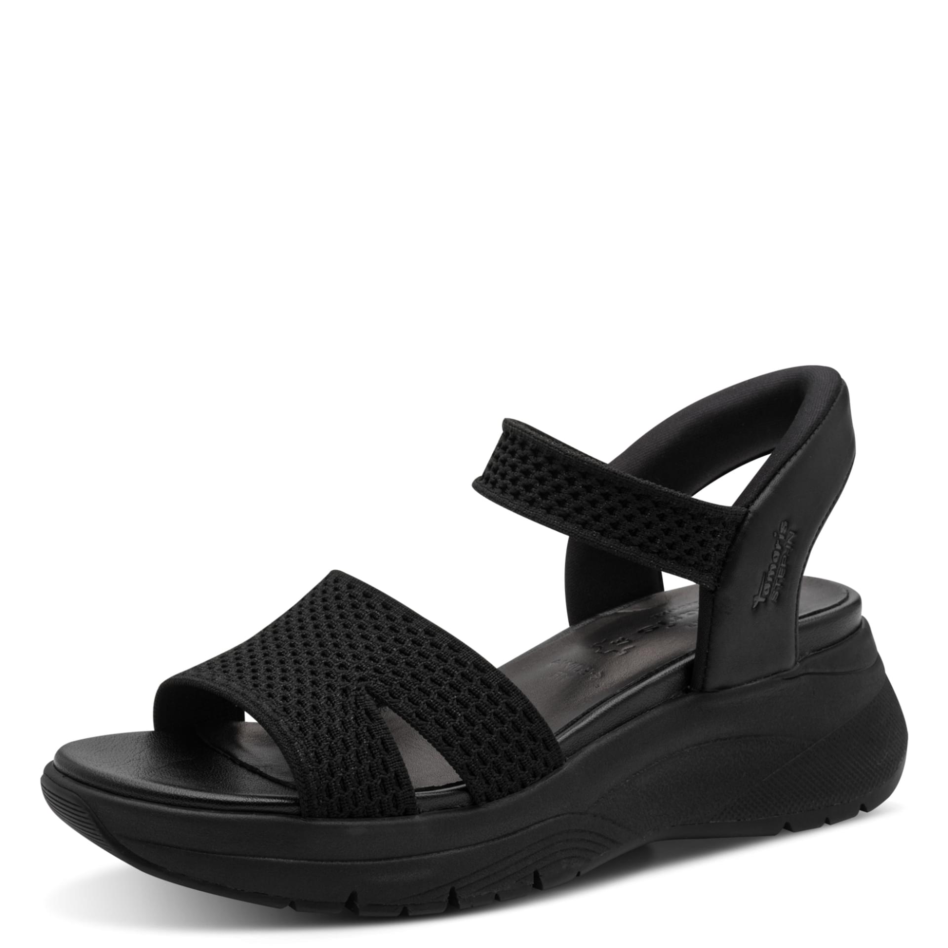 Tamaris Comfort Jasmin Sandals in Black, three-quarter view (SKU 8-88735-46--001)