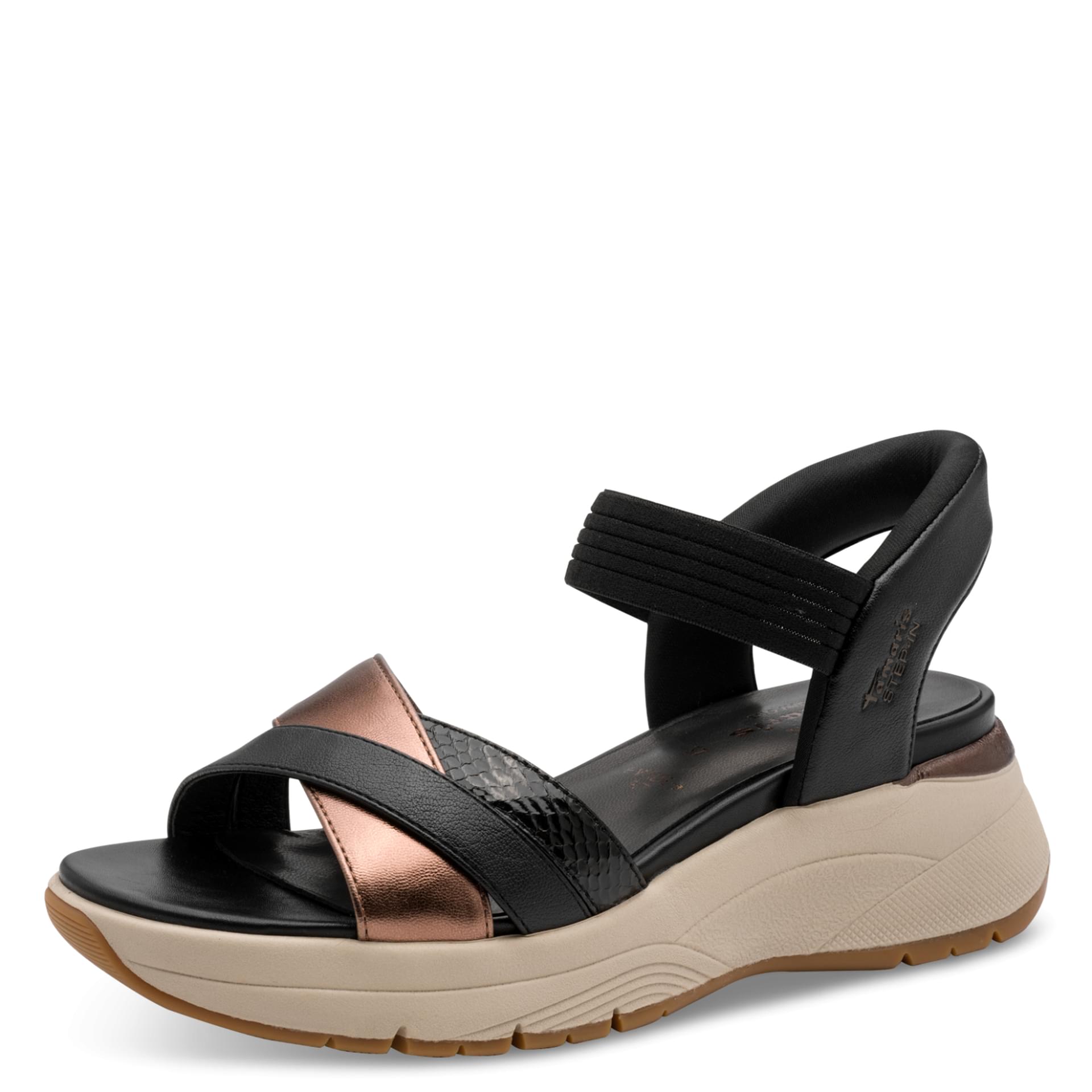 Tamaris Comfort Jasmin Sandalen in Black Comb, driekwartaanzicht (SKU 8-88740-46--098)