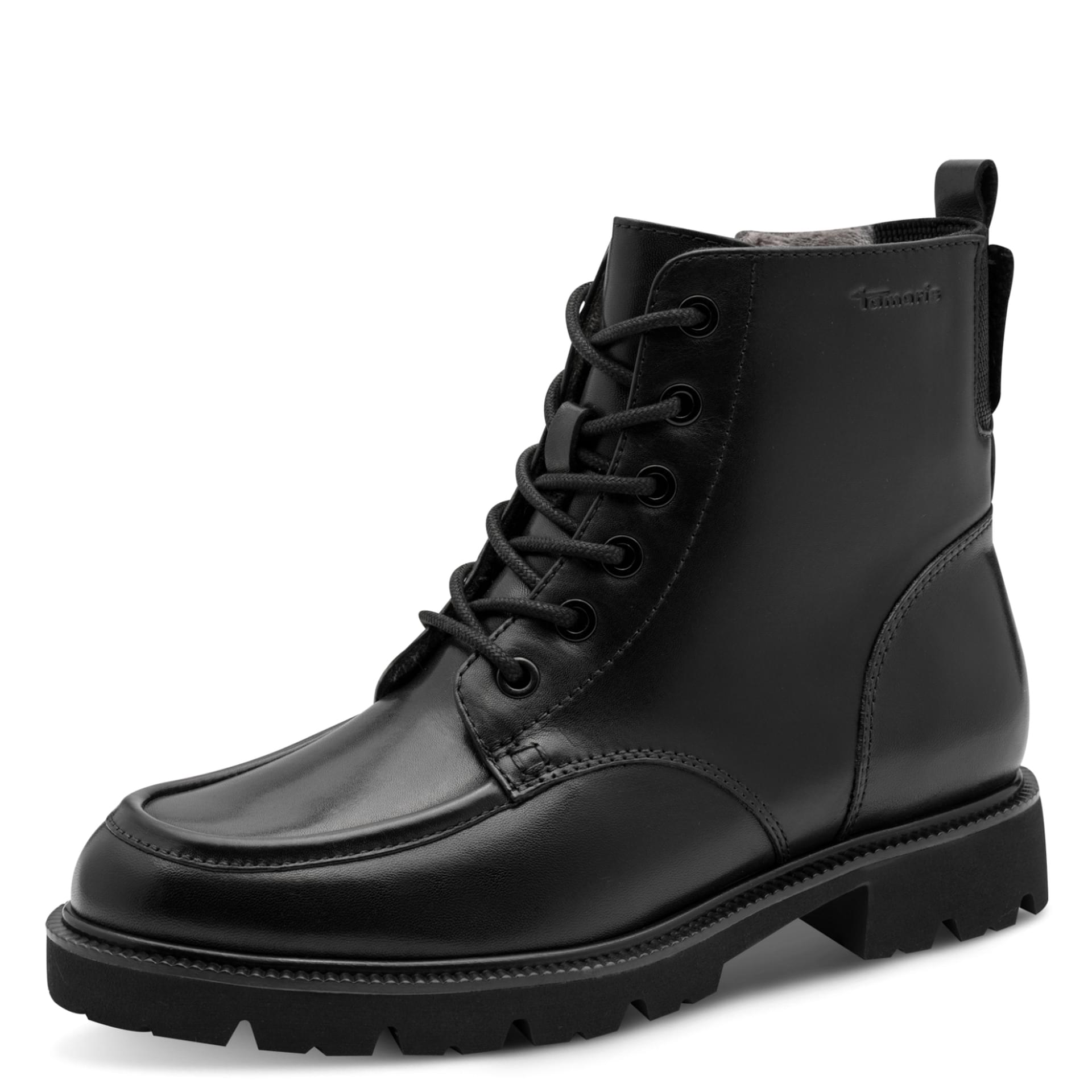 Tamaris Comfort Jean Enkellaarsjes leer in Black Nappa, driekwartaanzicht (SKU 8-85110-47--022)