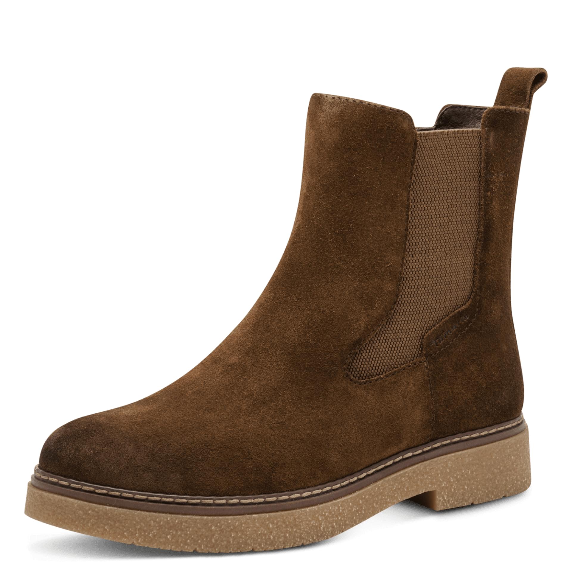 Tamaris Comfort Jean Chelsea Boots in Tobacco, three-quarter view (SKU 8-85316-47--363)