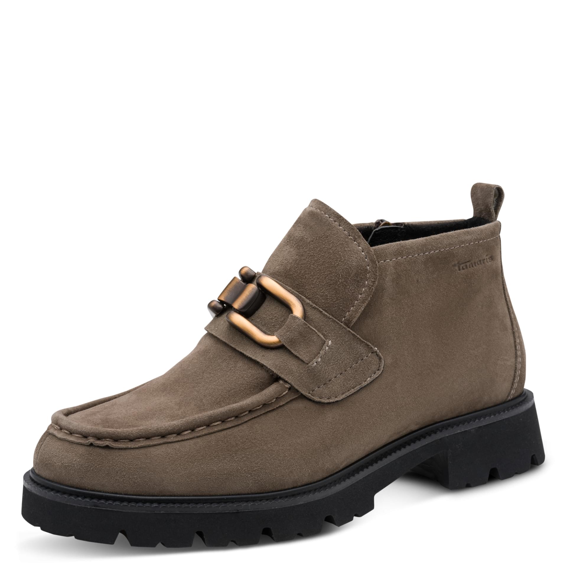 Tamaris Comfort Jean Ankle Boots leather in Taupe Suede, three-quarter view (SKU 8-85400-47--377)