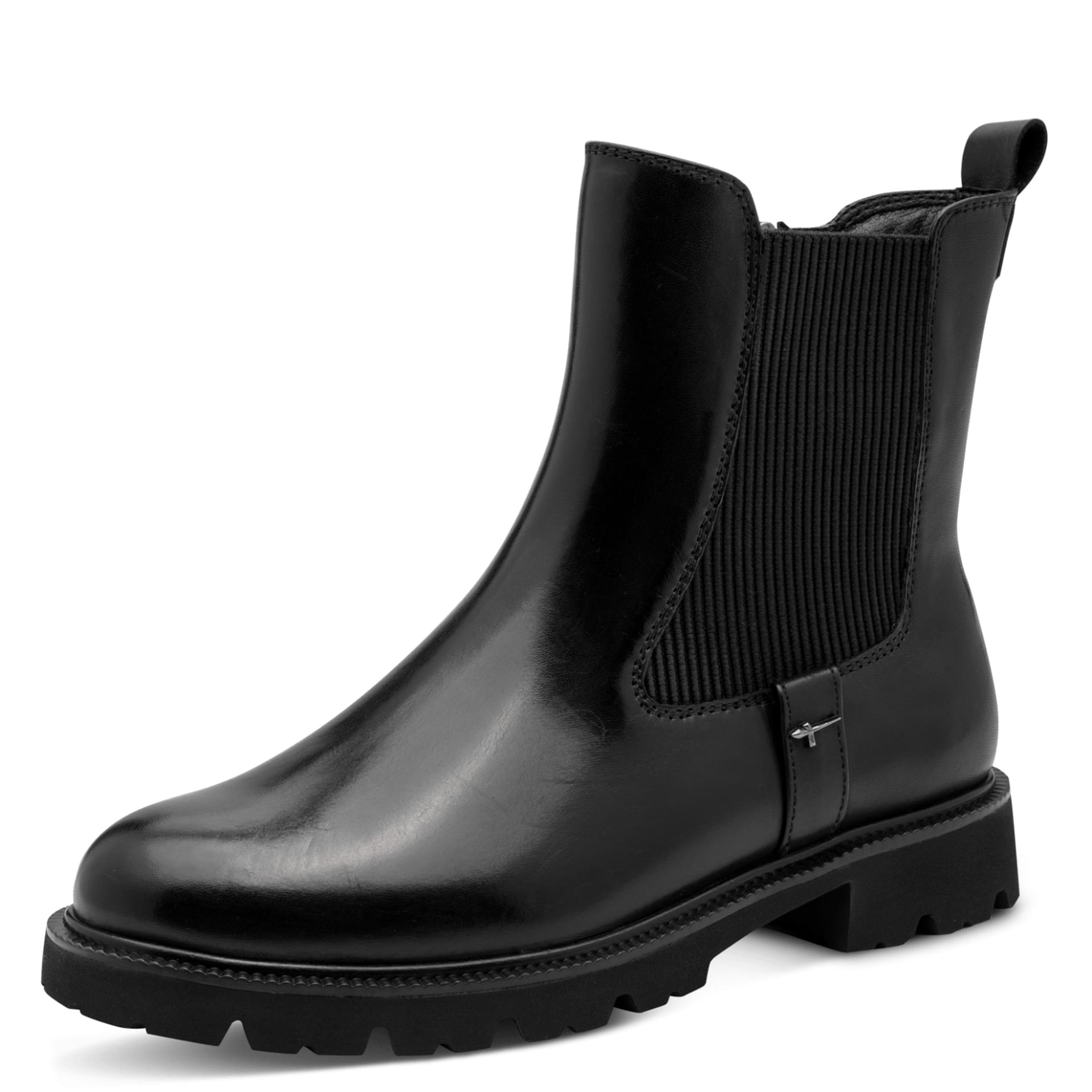 Tamaris Comfort Jean Chelsea Boots leer in Black Nappa, driekwartaanzicht (SKU 8-85402-47--022)