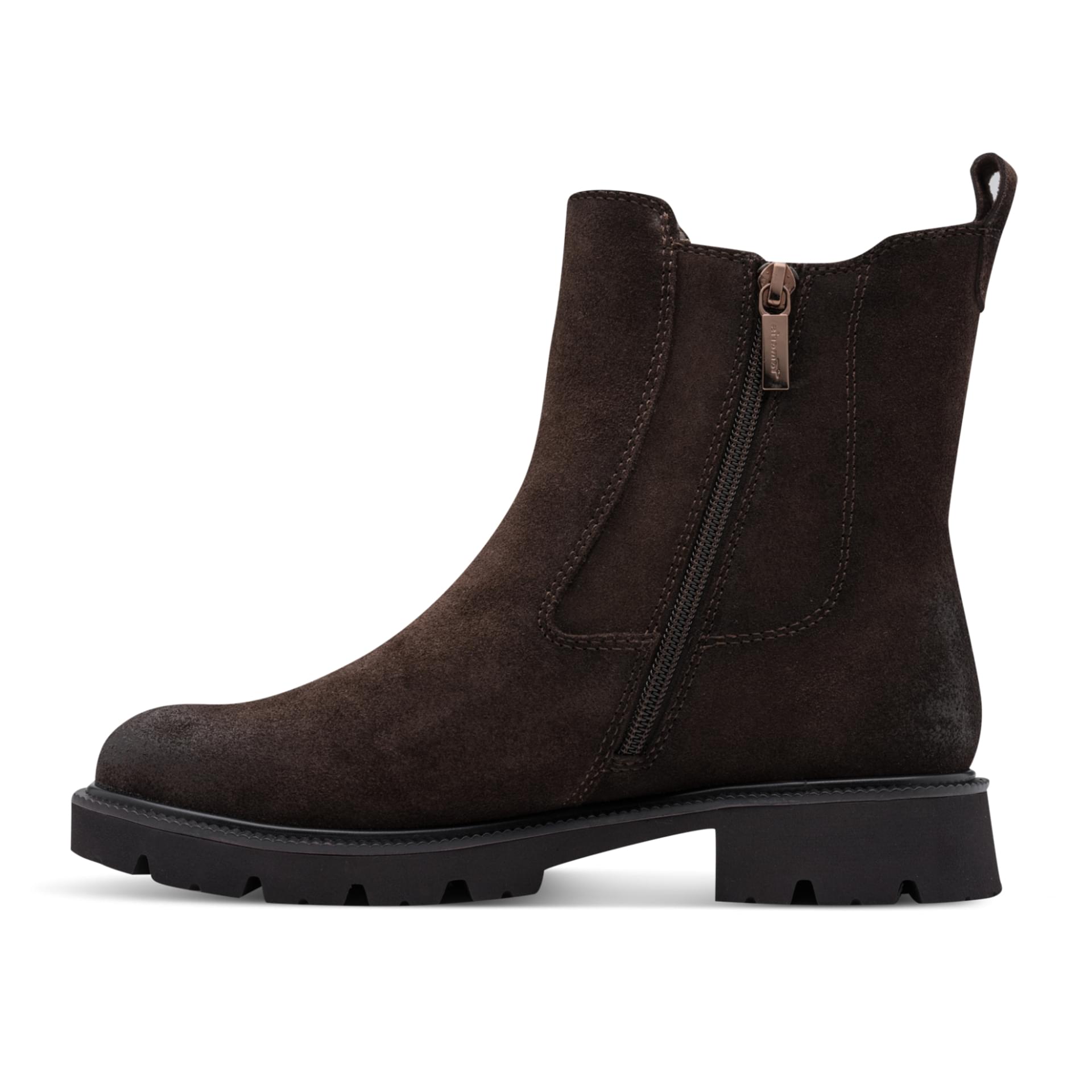 Tamaris Comfort Jean Chelsea Boots in Mocca Suede, côté intérieur (SKU 8-85402-47--307)