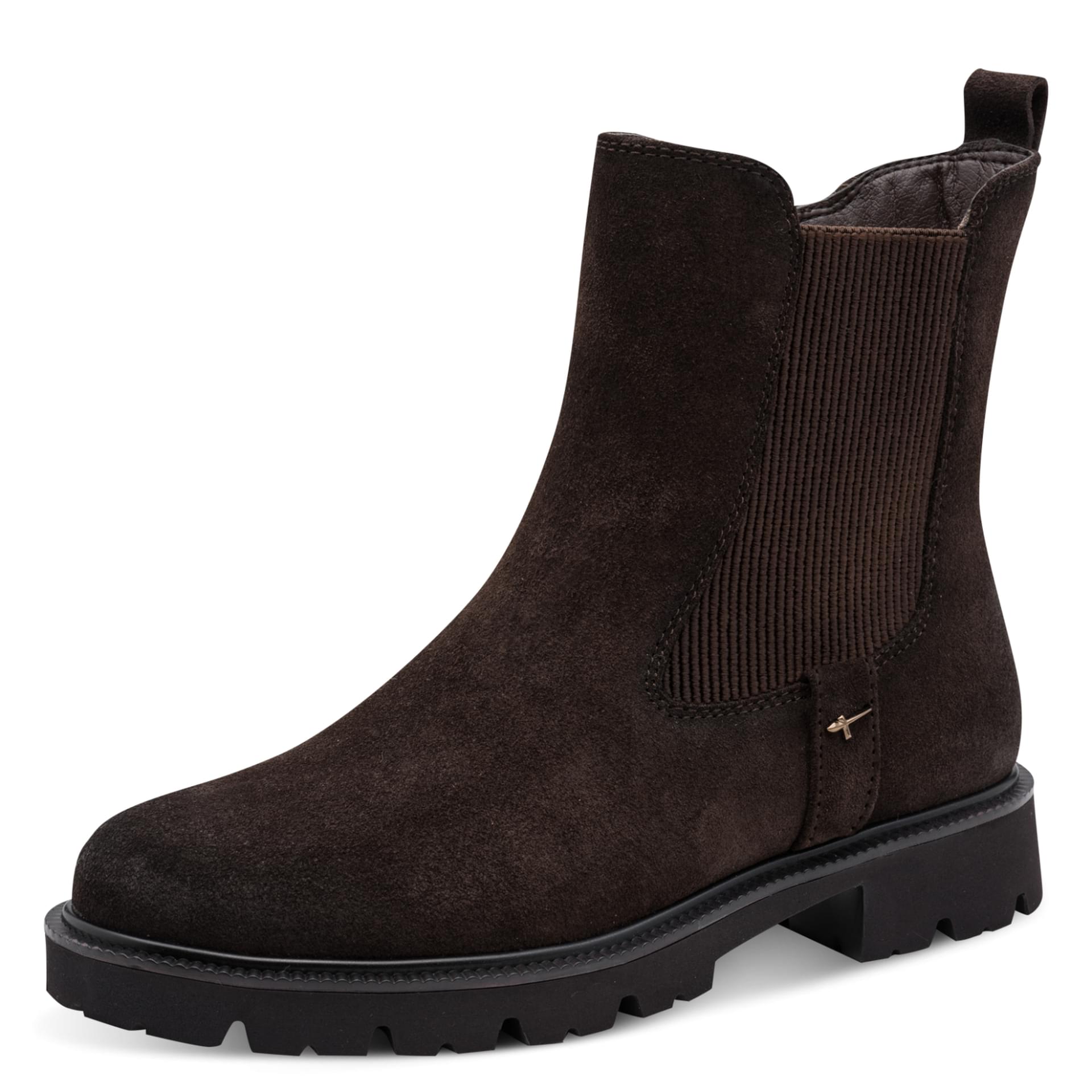 Tamaris Comfort Jean Chelsea Boots in Mocca Suede, vue trois-quarts (SKU 8-85402-47--307)