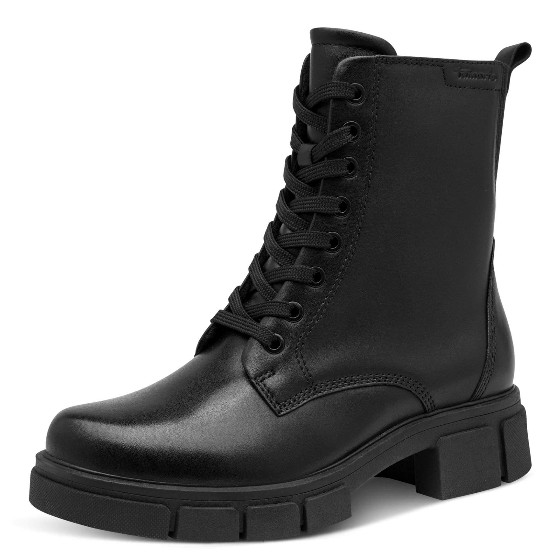 Tamaris Comfort Joanne Enkellaarsjes leer in Black Nappa, driekwartaanzicht (SKU 8-86215-47--022)