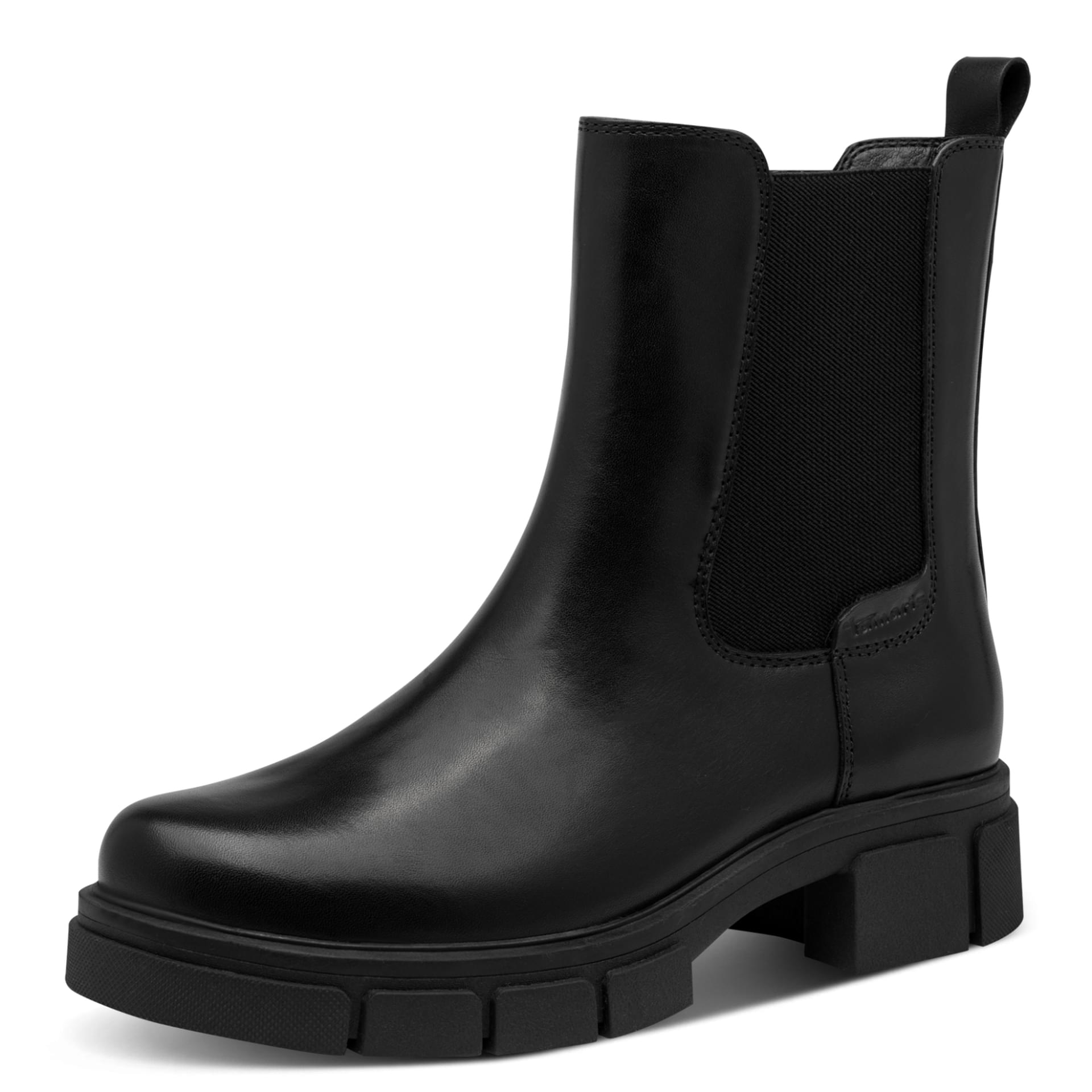 Tamaris Comfort Joanne Chelsea Boots leather in Black Nappa, three-quarter view (SKU 8-86415-47--022)