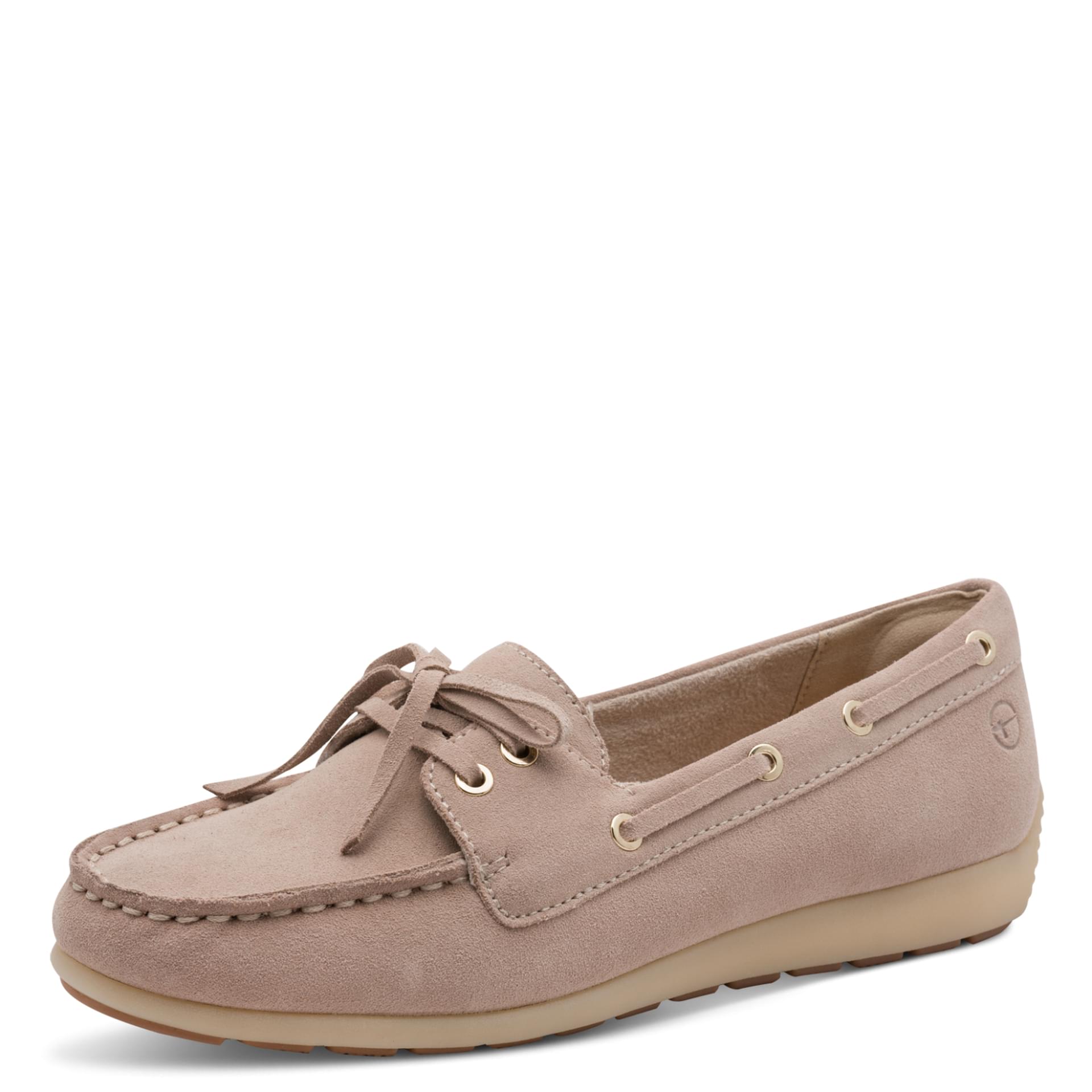 Tamaris Comfort Joy Slippers in Beige, three-quarter view (SKU 8-84601-46--400)