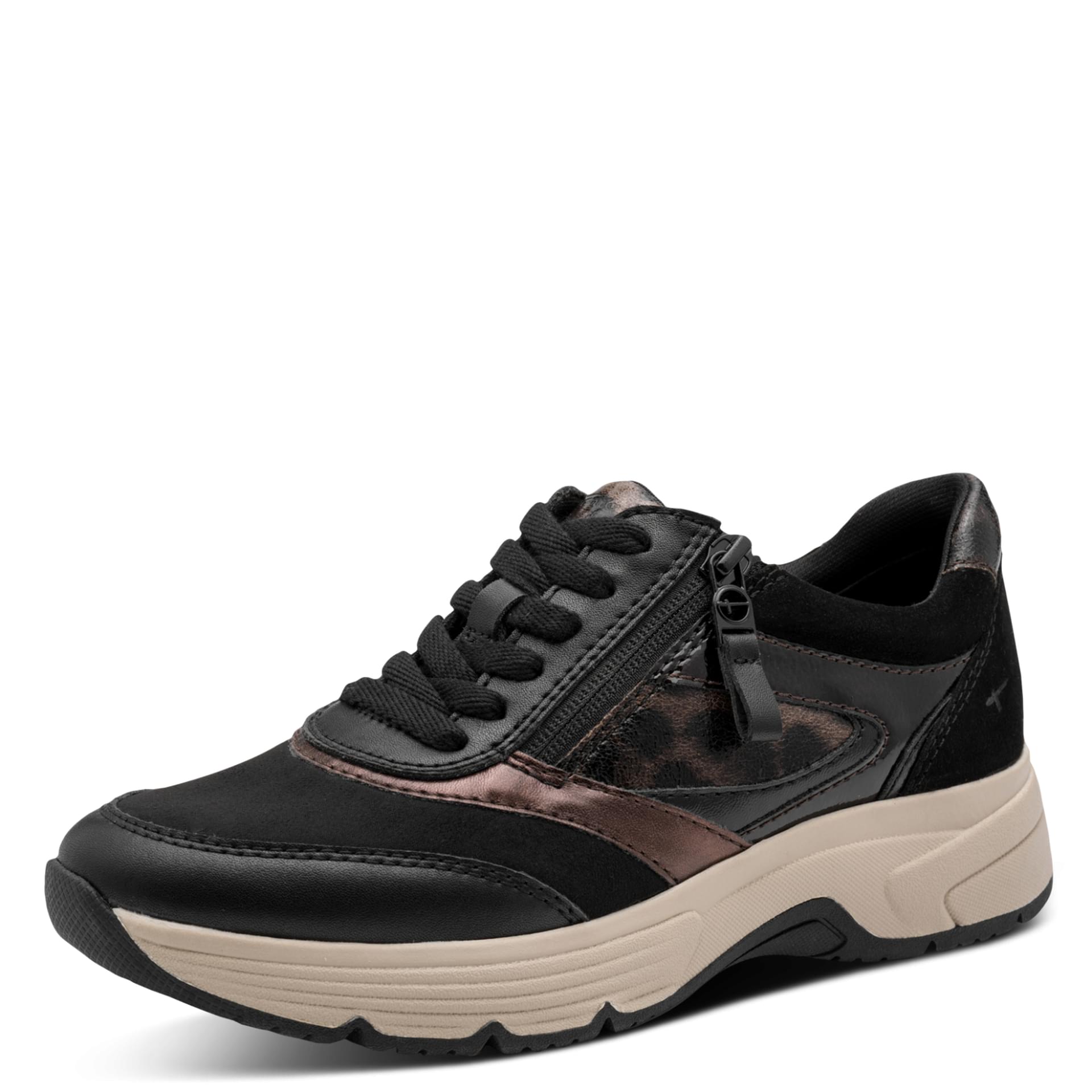 Tamaris Comfort Kelly Sneakers in Black/Leo, three-quarter view (SKU 8-83705-45--092)