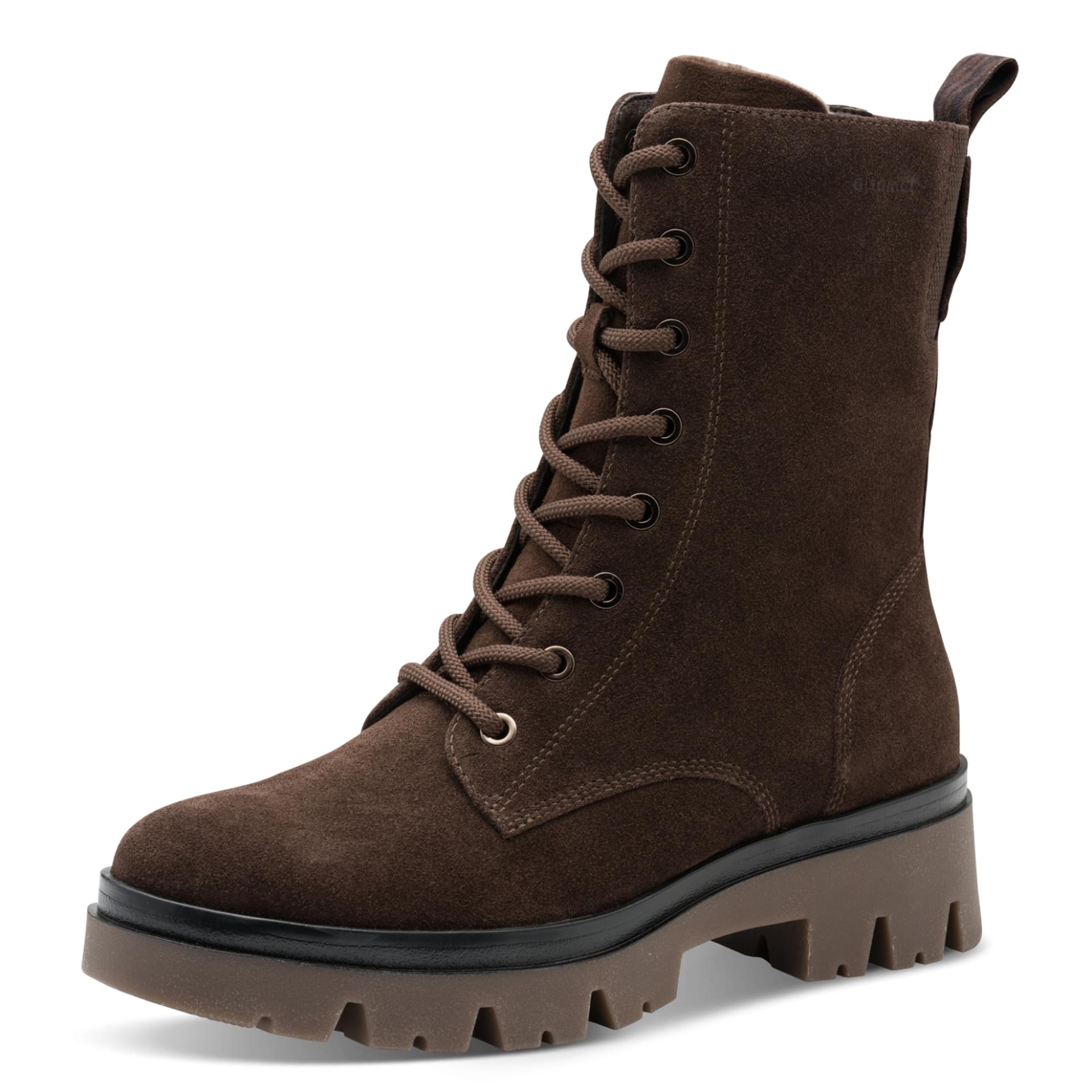 Tamaris Comfort Kida Bottines in Mocca Suede, vue trois-quarts (SKU 8-85215-43--307)