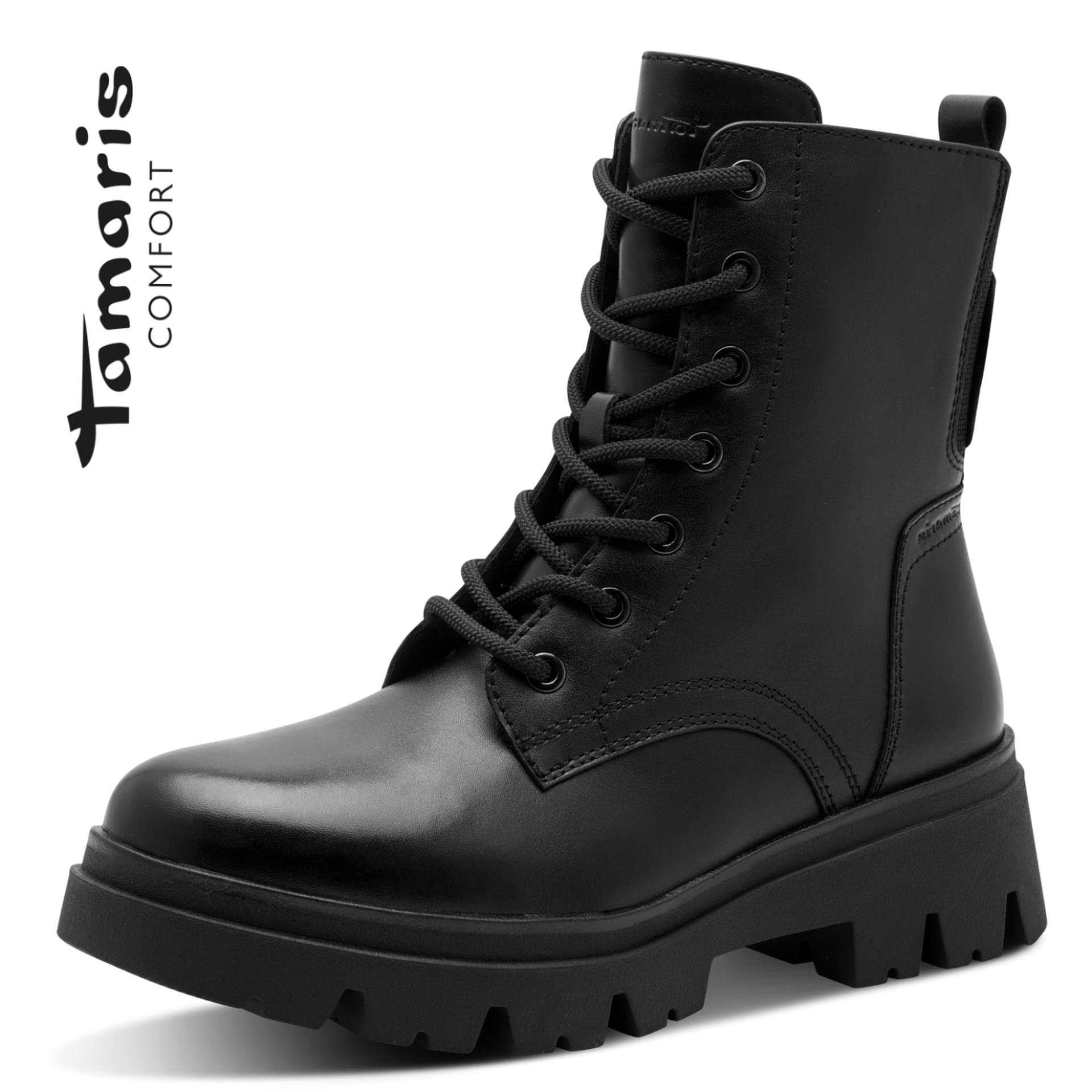 Tamaris Comfort Kida Ankle Boots in Black, three-quarter view (SKU 8-85296-45--001)