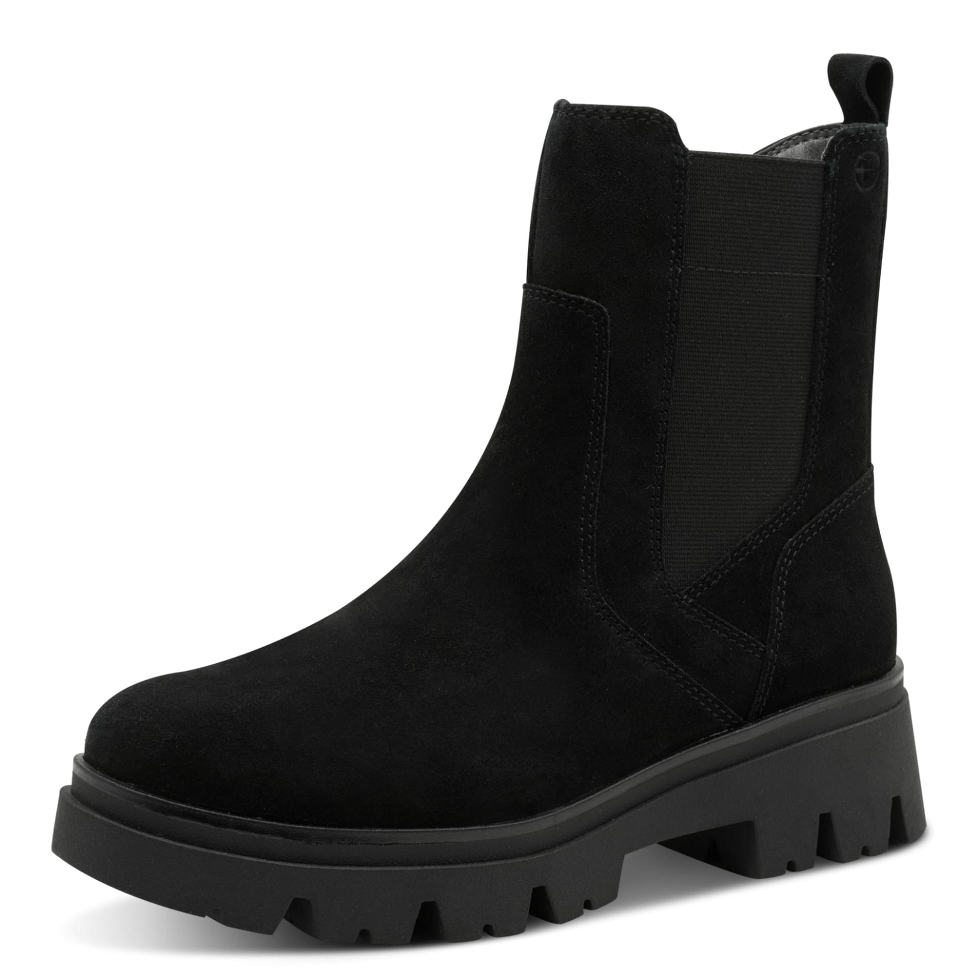 Tamaris Comfort Kida Chelsea Boots in Black Suede, driekwartaanzicht (SKU 8-85494-45--019)