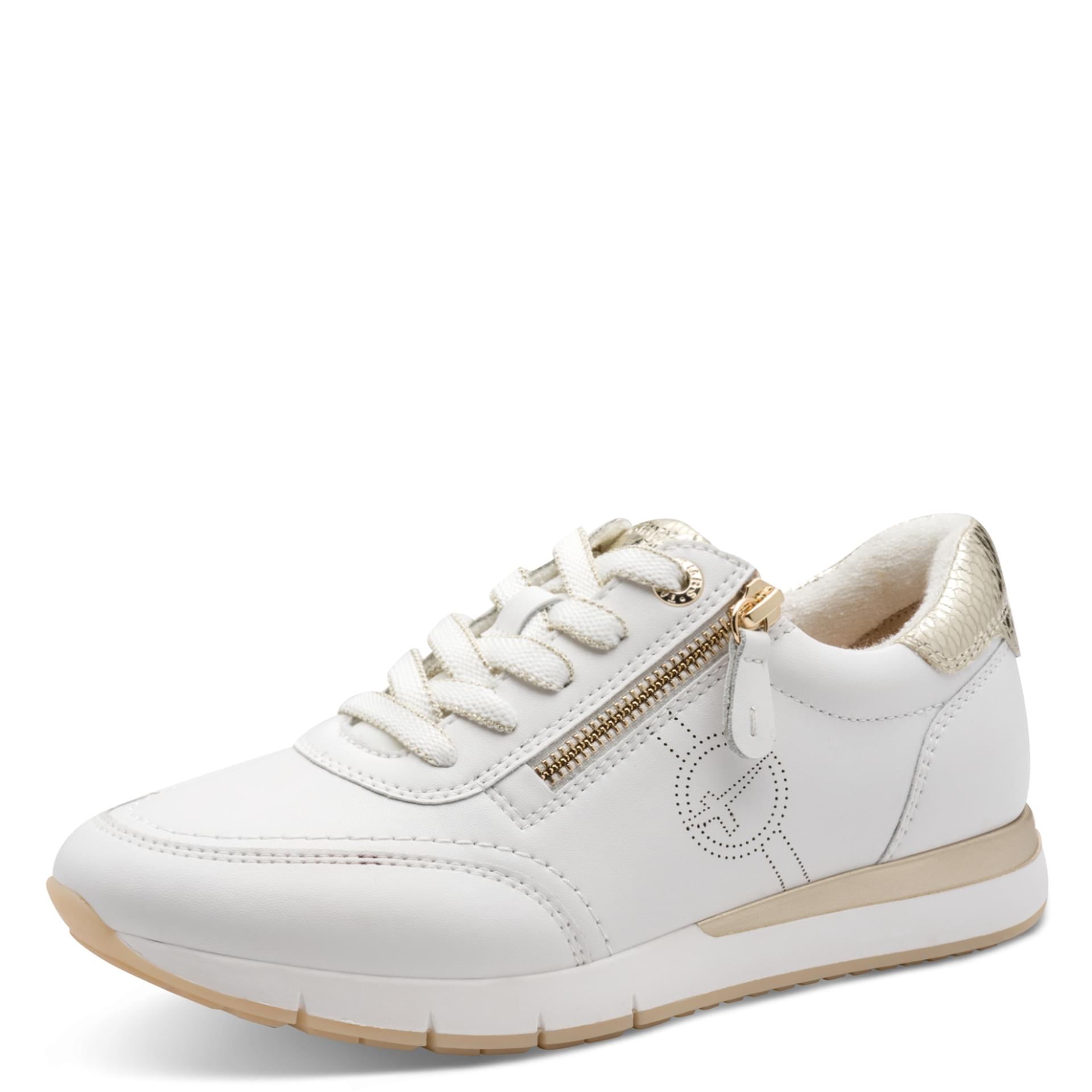 Tamaris Comfort Leso Sneakers in White/Gold, driekwartaanzicht (SKU 8-83702-42--196)