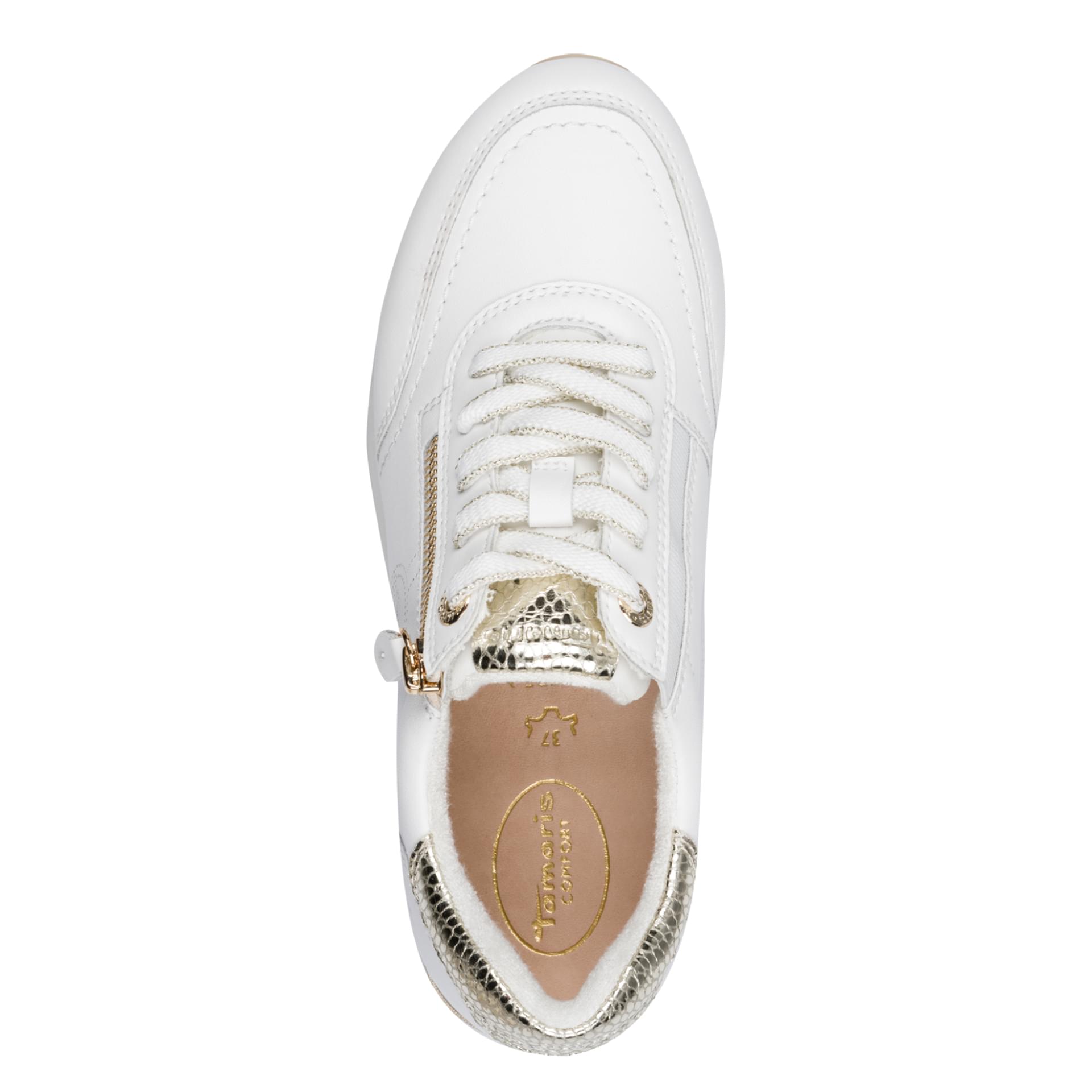Tamaris Comfort Leso Sneakers in White/Gold, bovenaanzicht (SKU 8-83702-42--196)