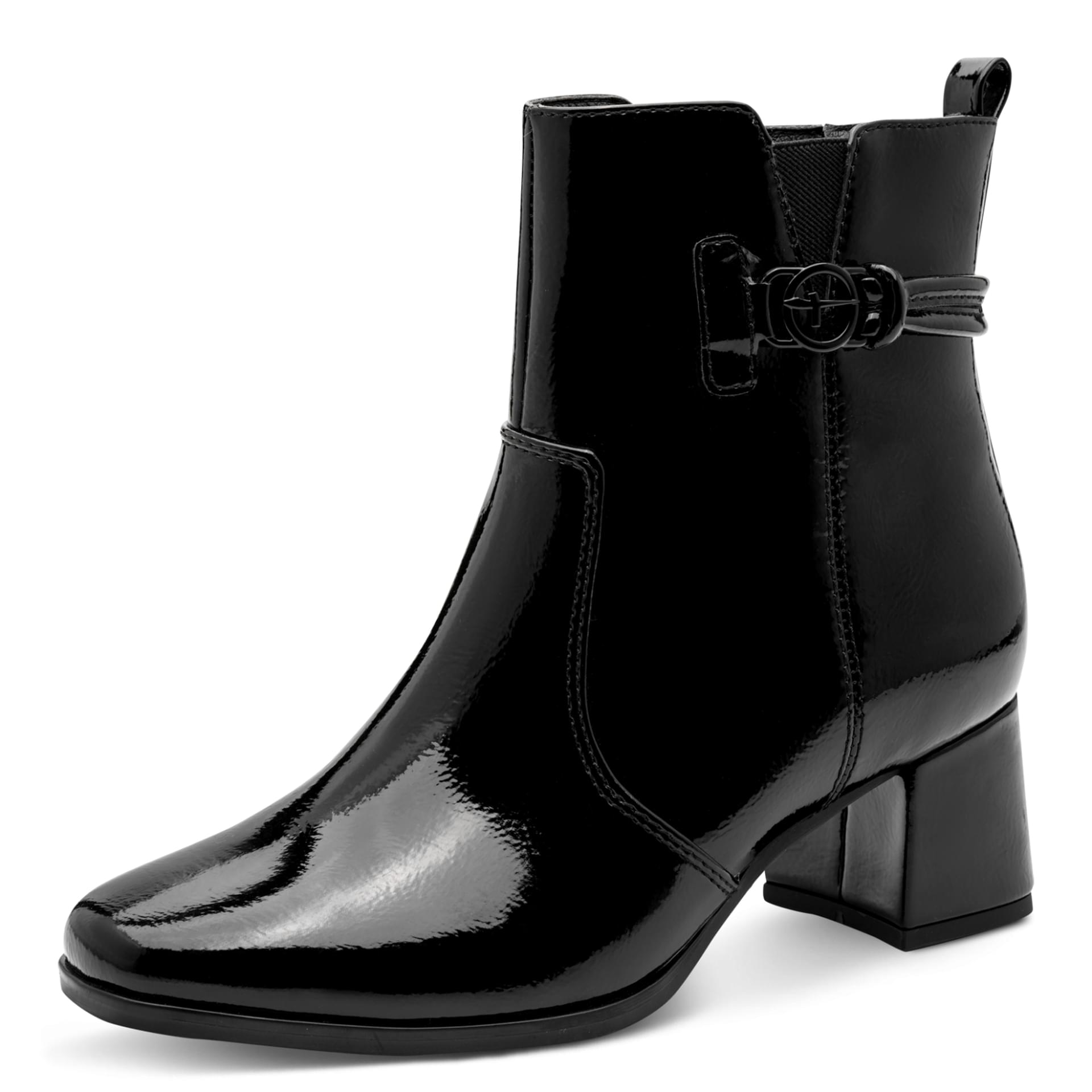Tamaris Comfort Lilian Bottines in Black Patent, vue trois-quarts (SKU 8-85304-47--018)