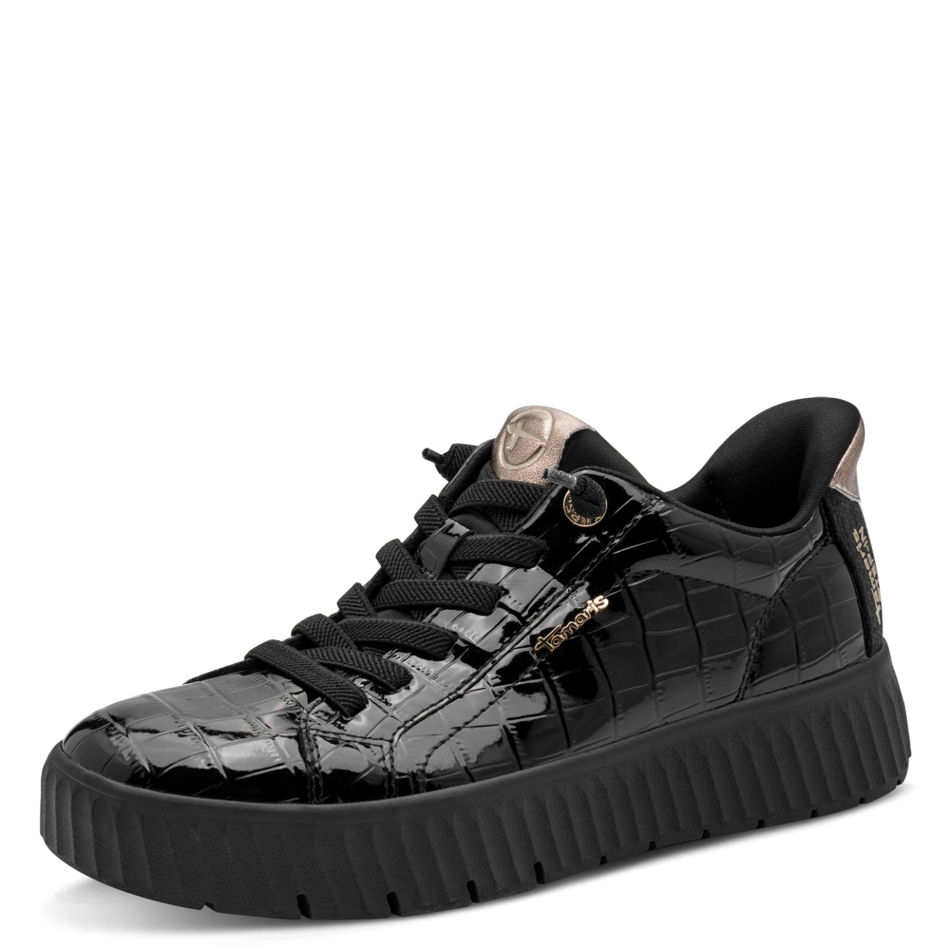 Tamaris Comfort Maya Sneakers in Black Croco, three-quarter view (SKU 8-83740-47--091)