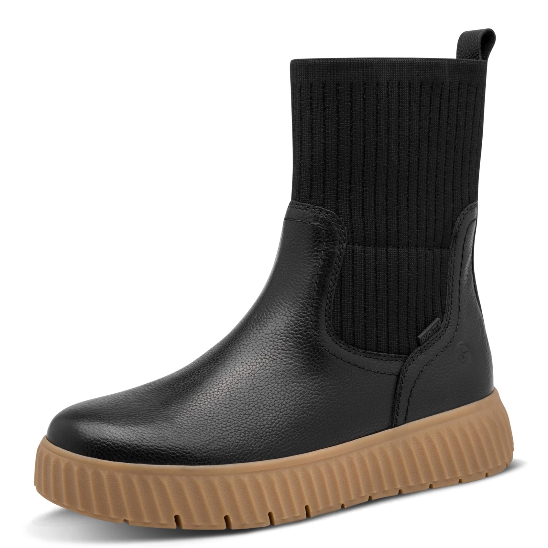 Tamaris Comfort Maya Chelsea Boots leather in Black Nappa, three-quarter view (SKU 8-86408-47--022)
