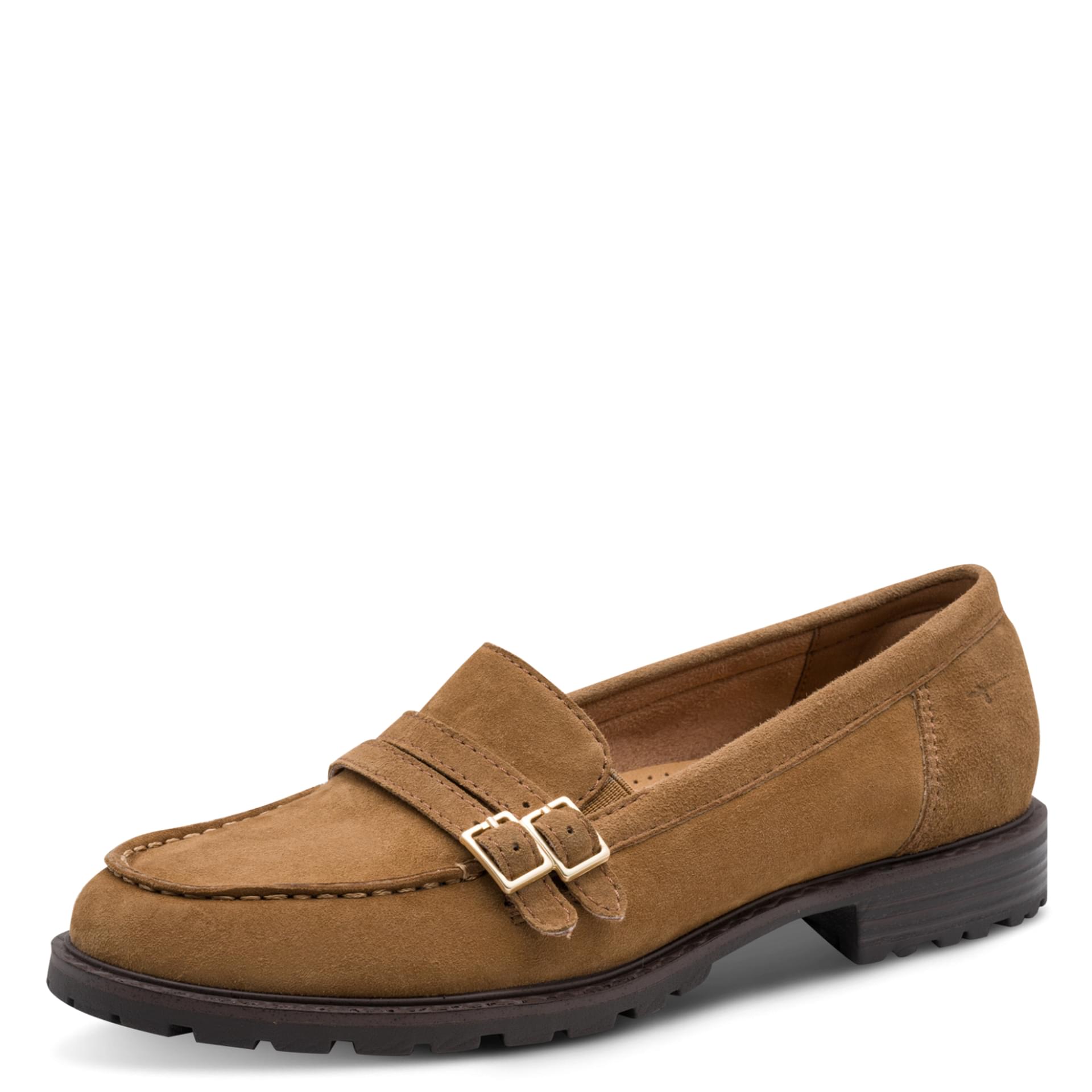Tamaris Comfort Mayla Loafers cuir in Camel Suede, vue trois-quarts (SKU 8-84600-47--311)