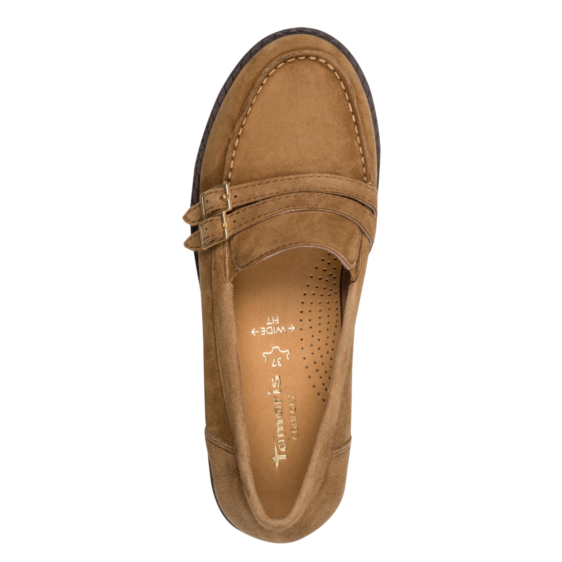 Tamaris Comfort Mayla Loafers cuir in Camel Suede, vue de dessus (SKU 8-84600-47--311)