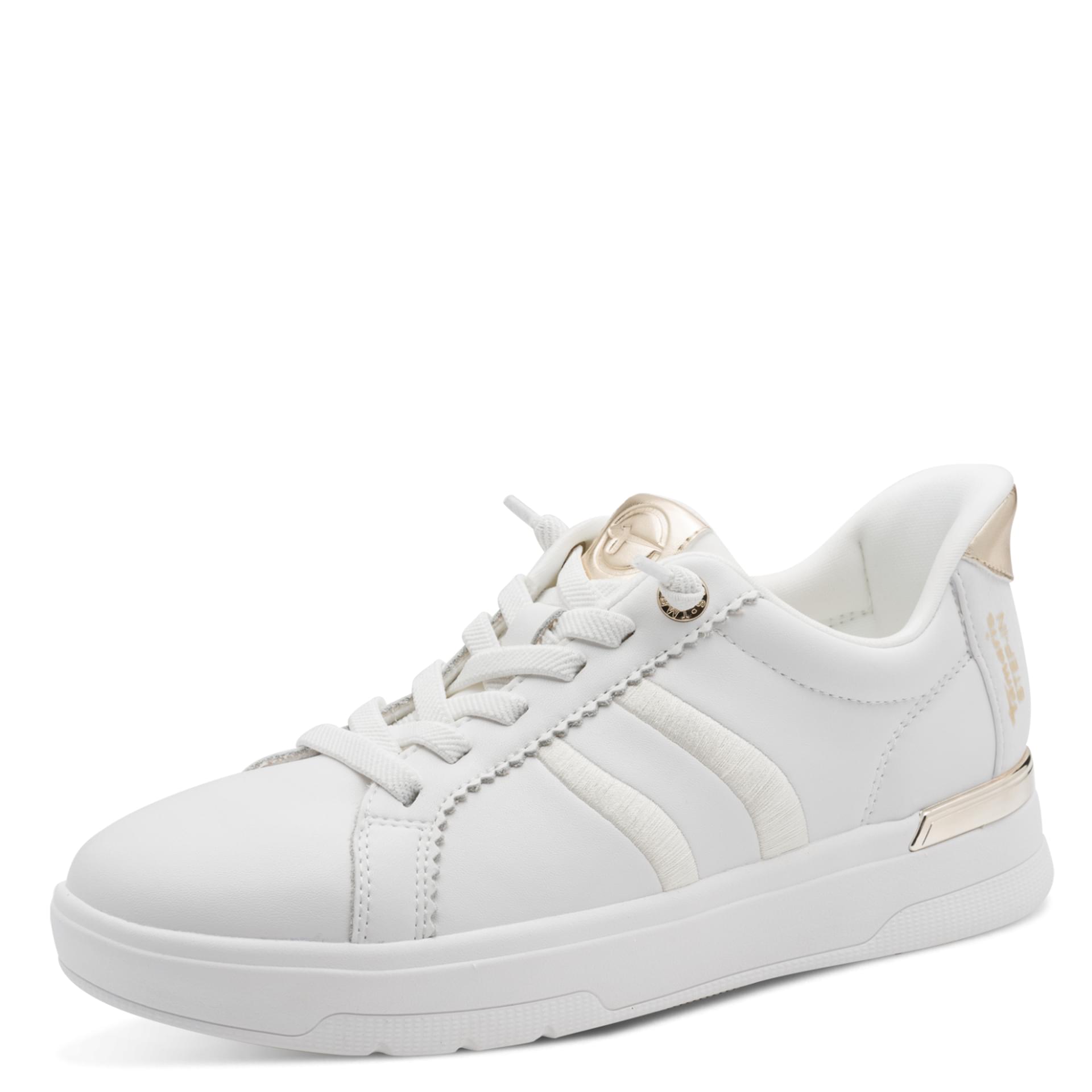 Tamaris Comfort Milly Sneakers in White/Gold, three-quarter view (SKU 8-83733-46--196)